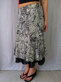 00s Stitches Australia Silk Floral Midi Skirt Black Cream - Size L/XL
