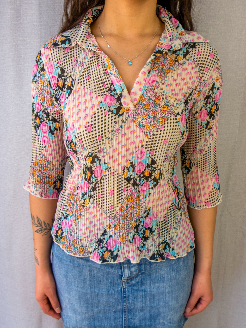 00s Vue d’Orange Floral Pleated Blouse - Size S/M