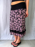 00s ALXIN Pink Floral Ruffle Midi Skirt Black - Size M/L