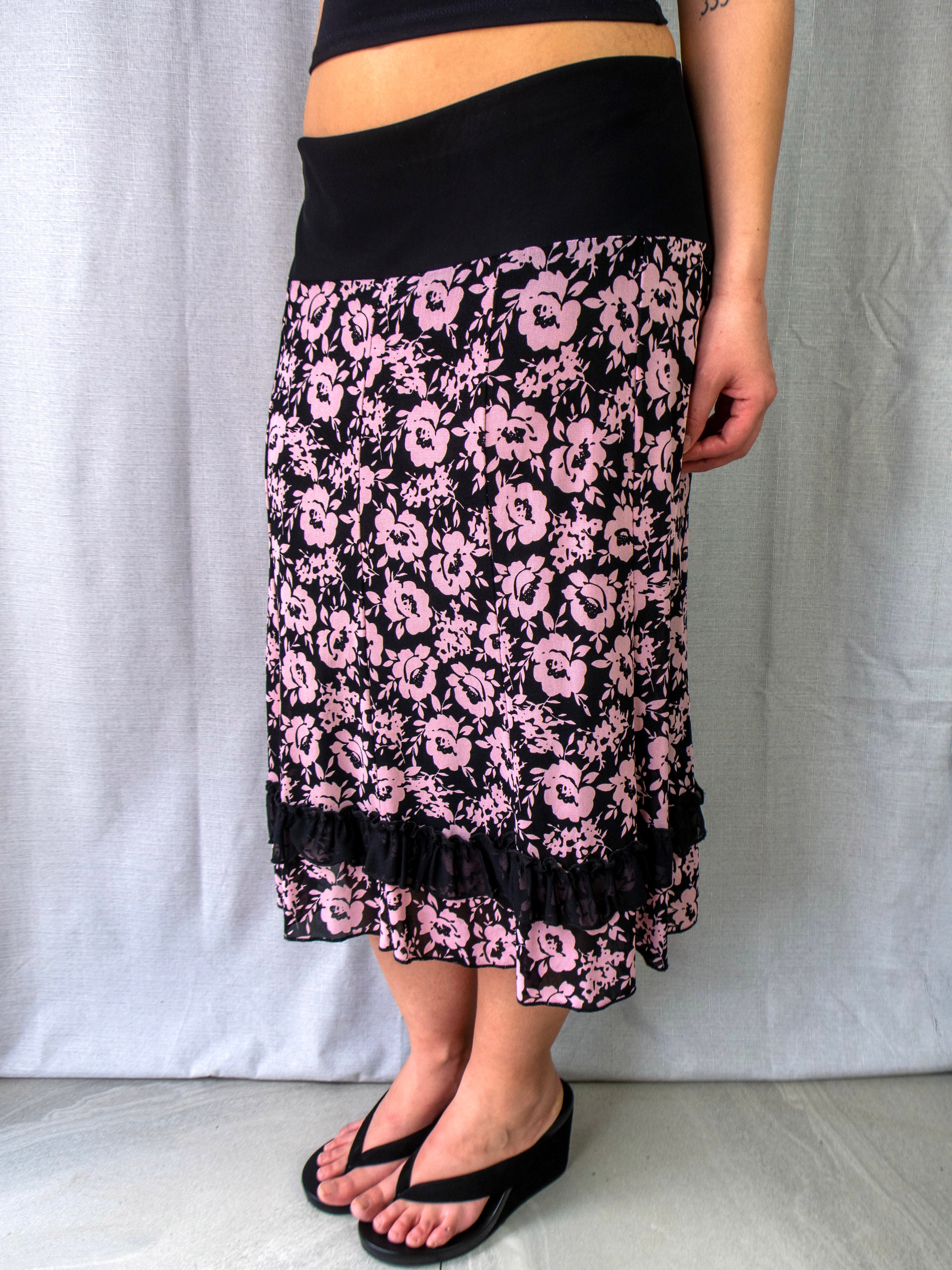 00s ALXIN Pink Floral Ruffle Midi Skirt Black - Size M/L