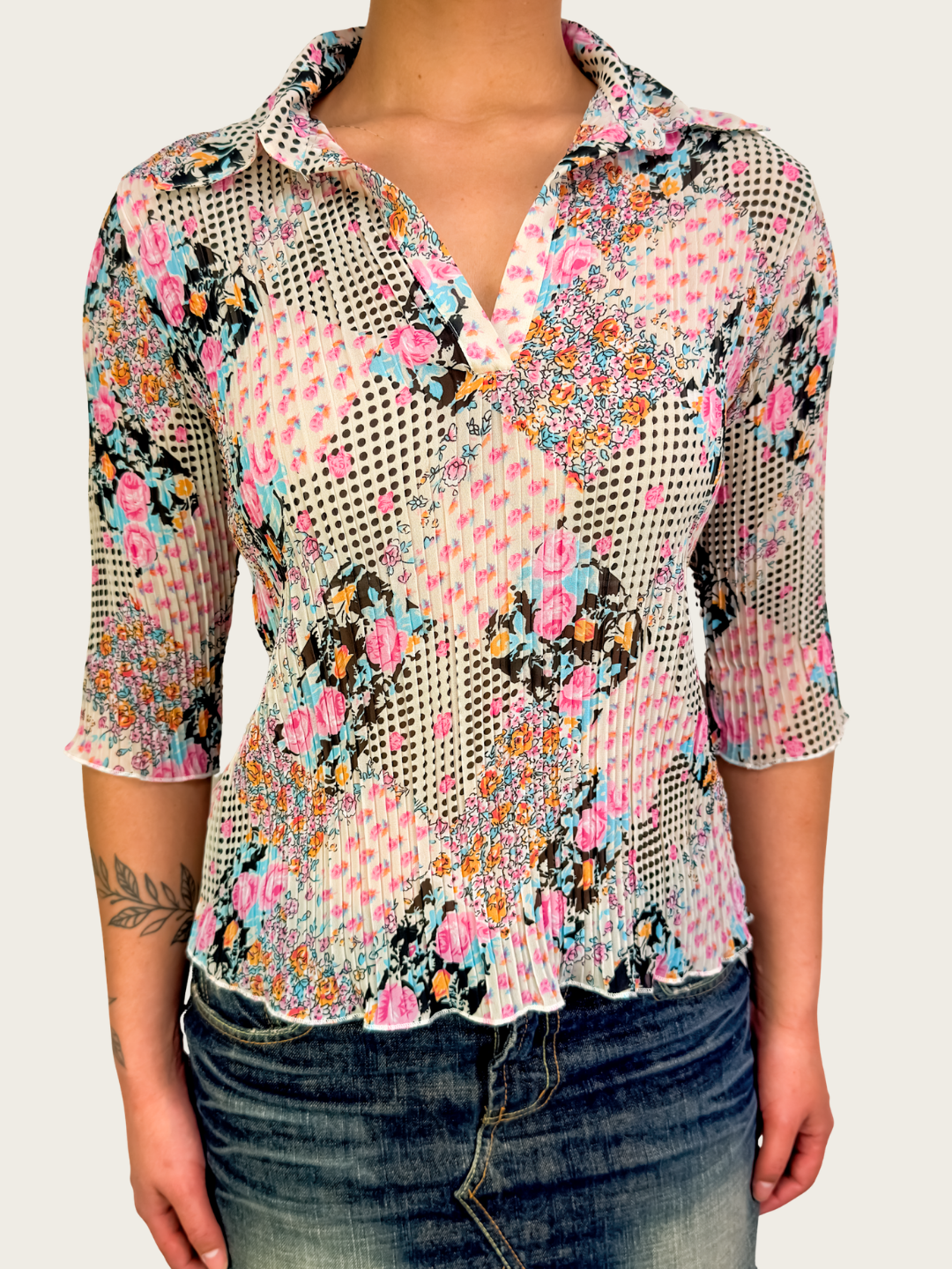 00s Vue d’Orange Floral Pleated Blouse - Size S/M