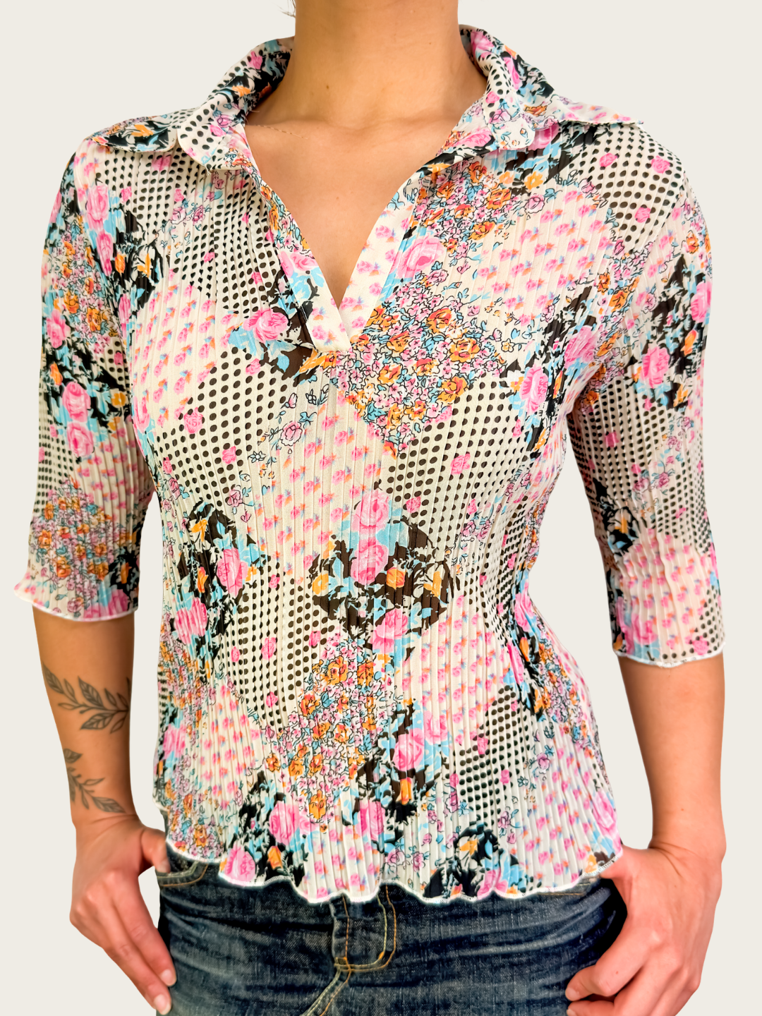 00s Vue d’Orange Floral Pleated Blouse - Size S/M