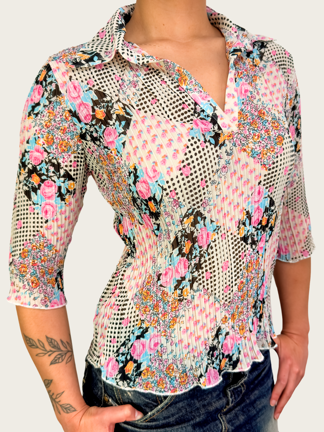 00s Vue d’Orange Floral Pleated Blouse - Size S/M
