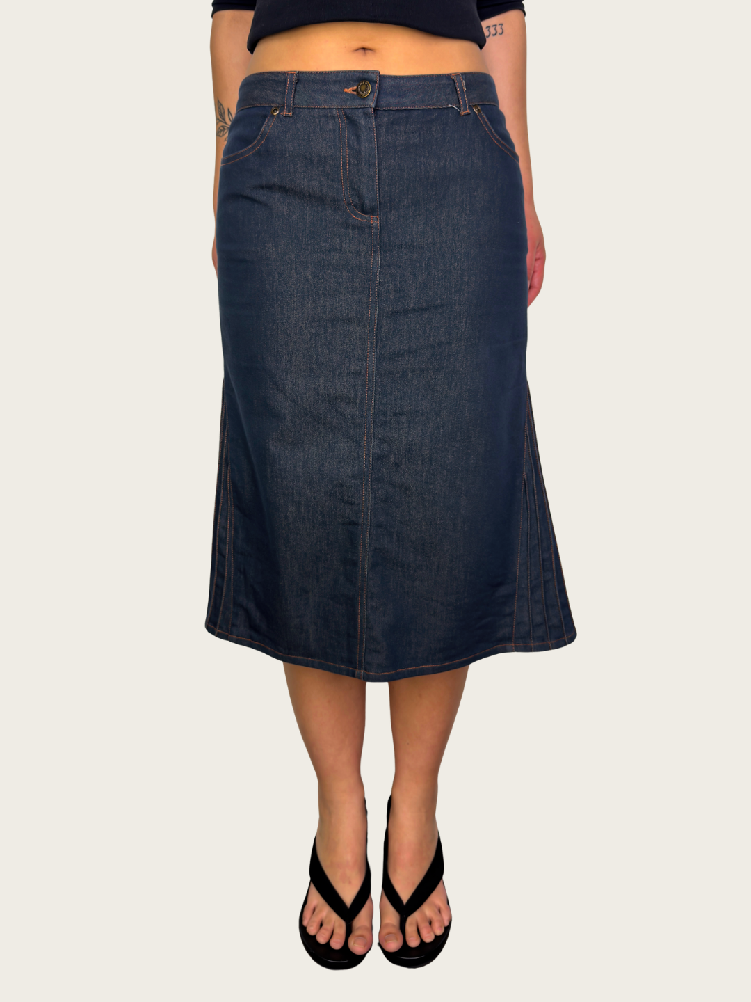00s Crossroads Contrast Stitch Denim Midi Skirt - Size S