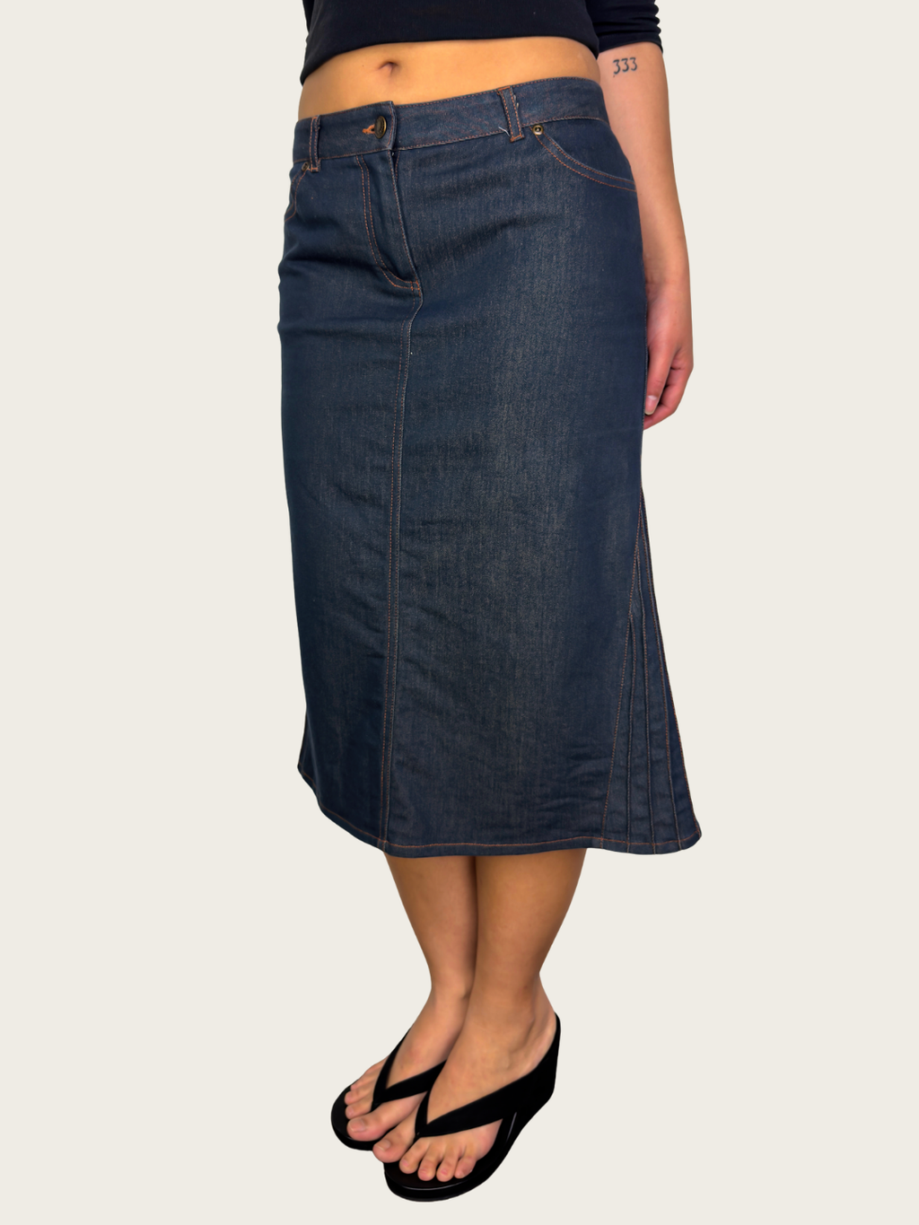 00s Crossroads Contrast Stitch Denim Midi Skirt - Size S