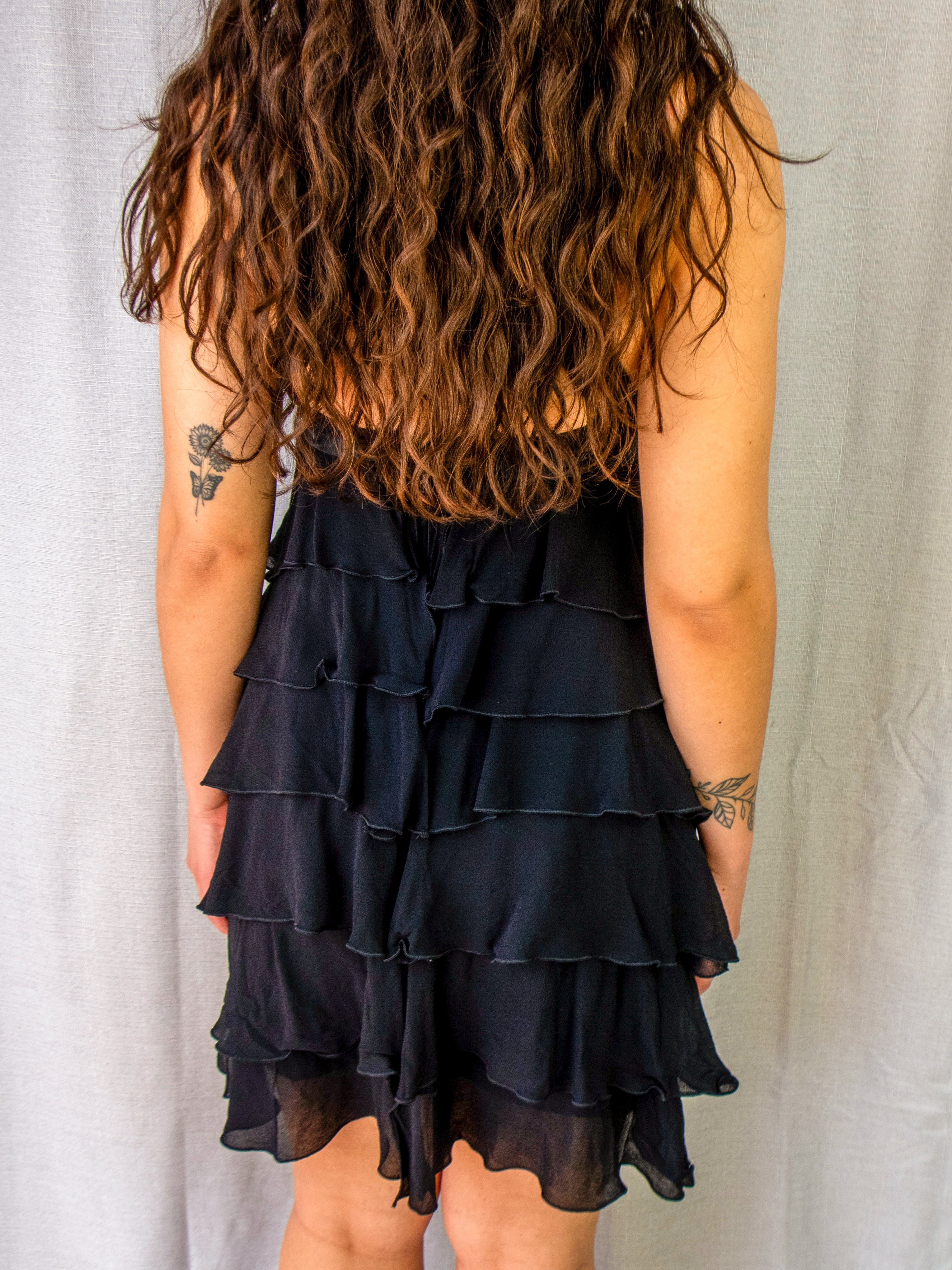 00s Cue Black Tiered Ruffle Halter Dress - Size XS