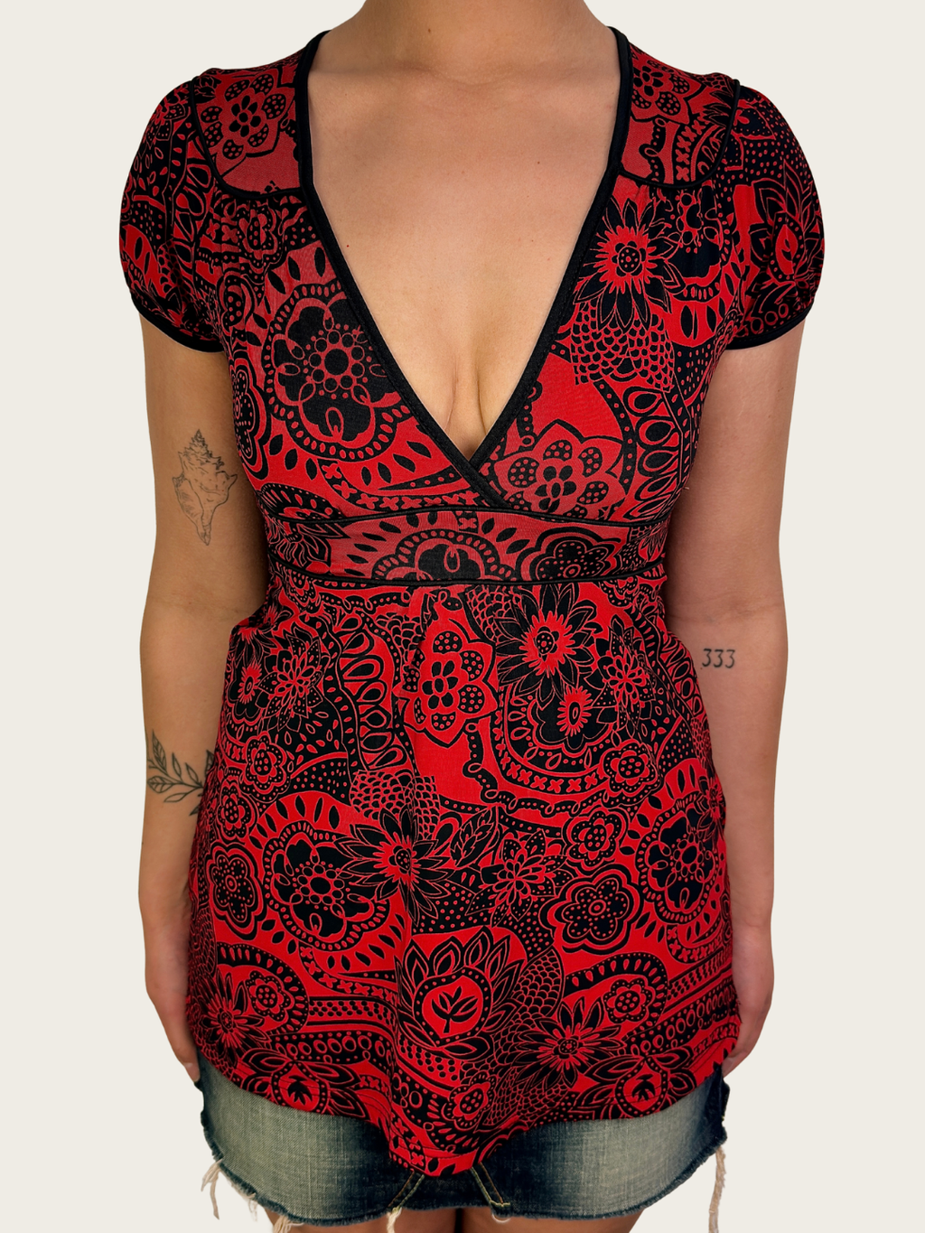 00s CKM Red Floral Empire Top - Size S