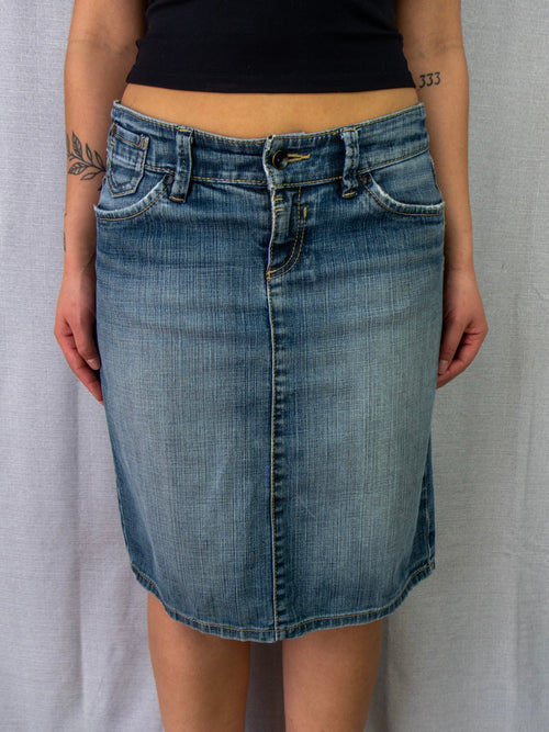 00s Esprit Faded Denim Midi Skirt Blue - Size S
