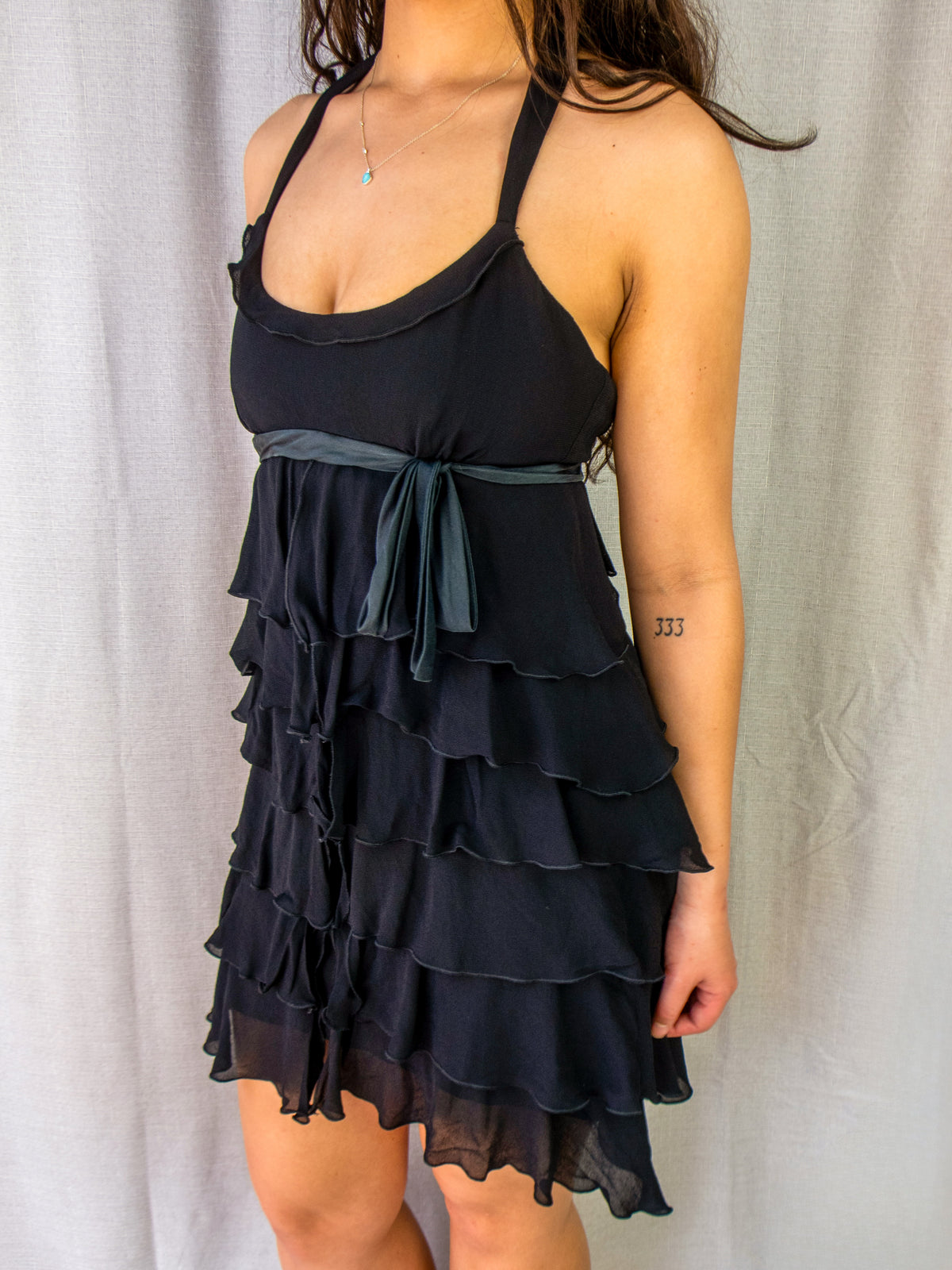 00s Cue Black Tiered Ruffle Halter Dress - Size XS