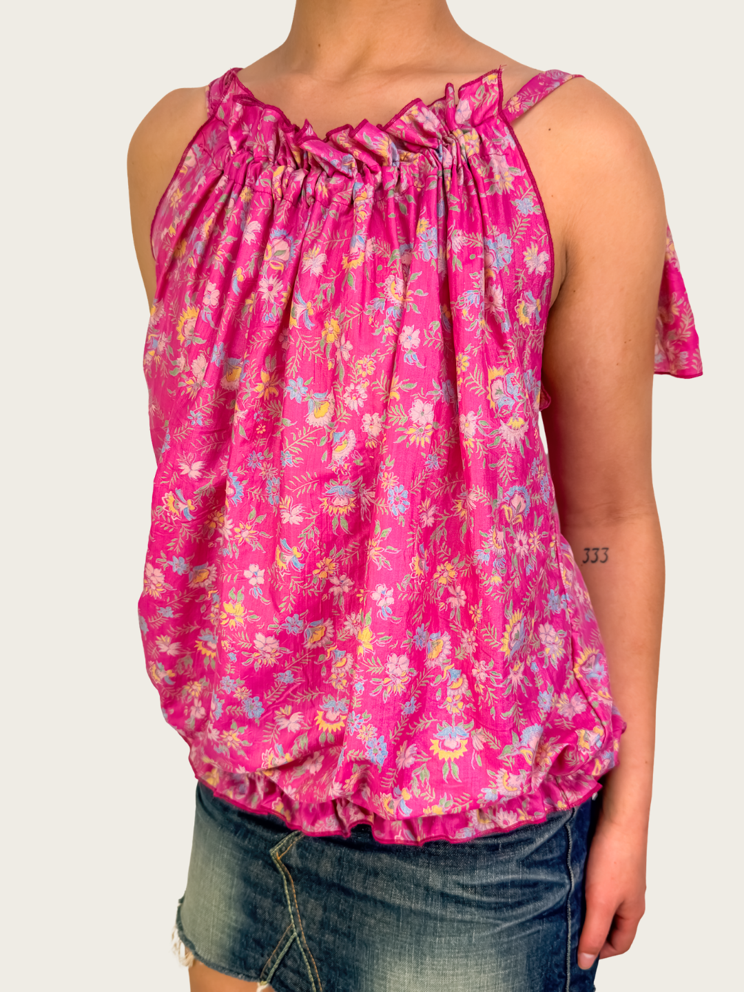 Vintage Peace Angel Floral Tie-Strap Top - Size S/M