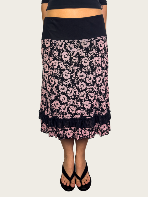 00s ALXIN Pink Floral Ruffle Midi Skirt Black - Size M/L