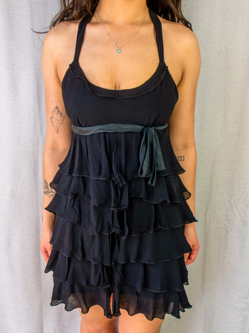 00s Cue Black Tiered Ruffle Halter Dress - Size XS