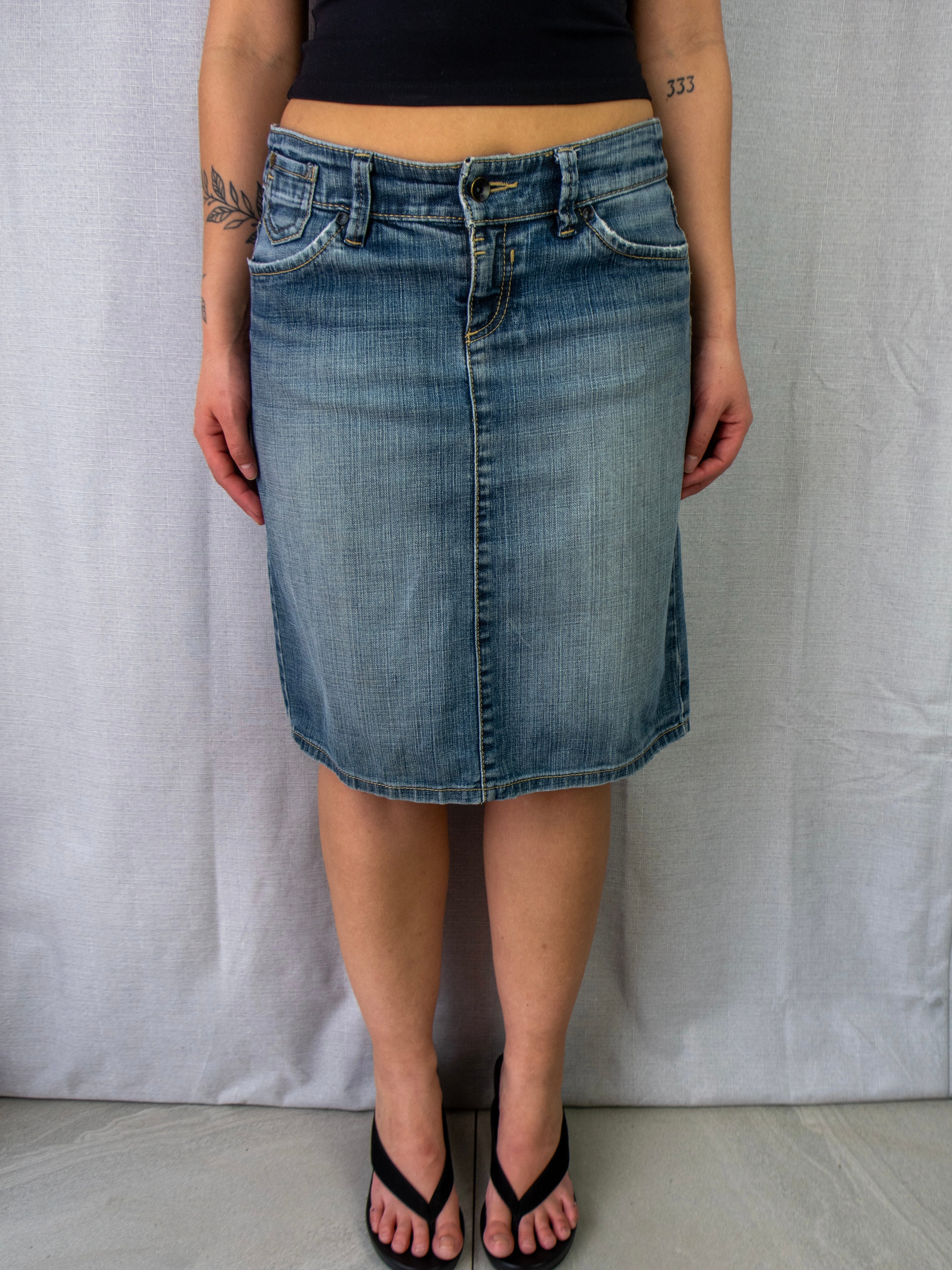 00s Esprit Faded Denim Midi Skirt Blue - Size S