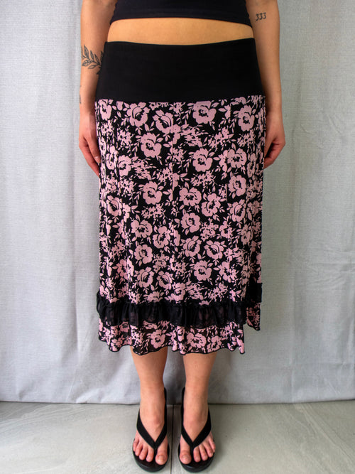00s ALXIN Pink Floral Ruffle Midi Skirt Black - Size M/L