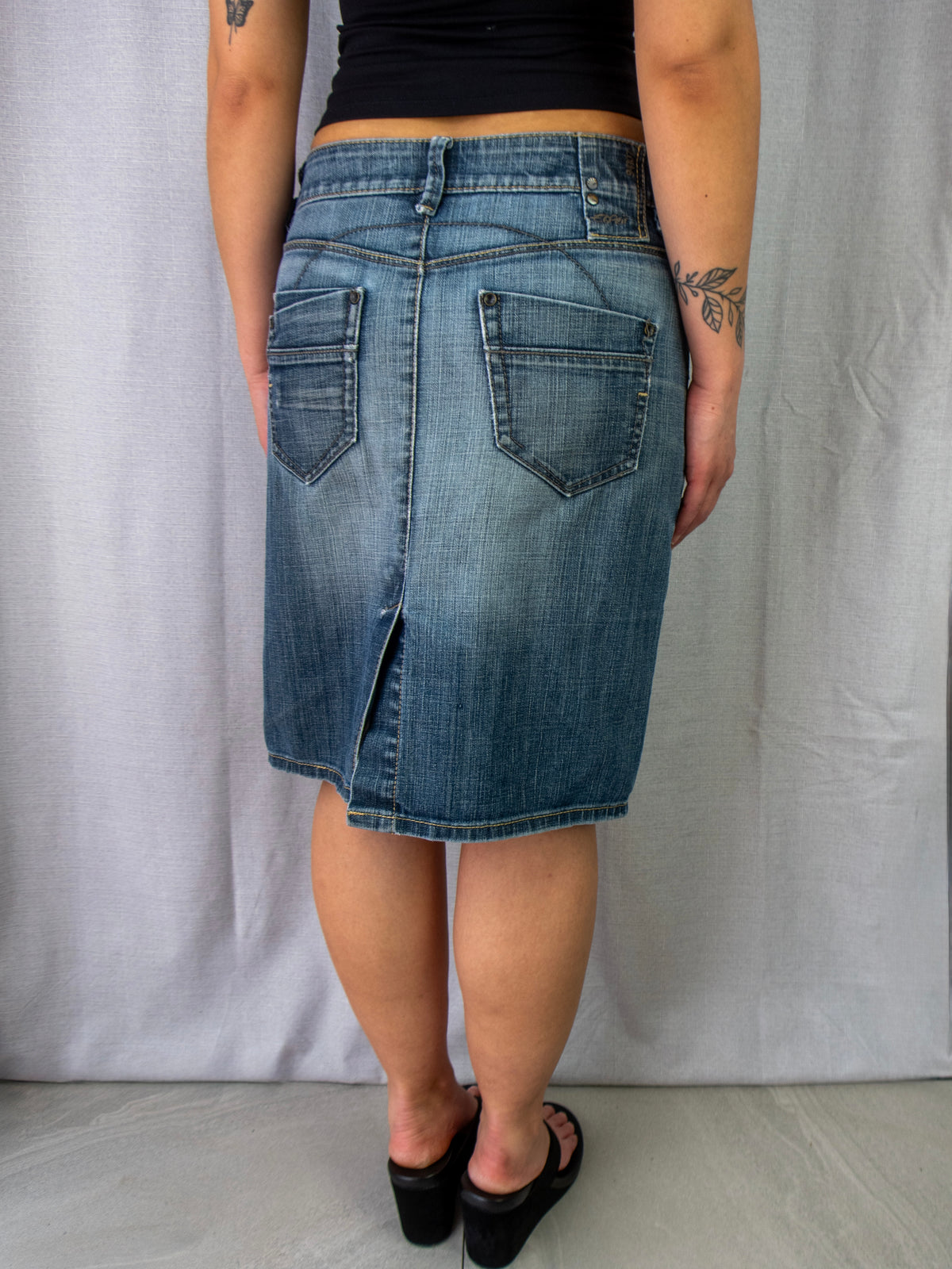 00s Esprit Faded Denim Midi Skirt Blue - Size S