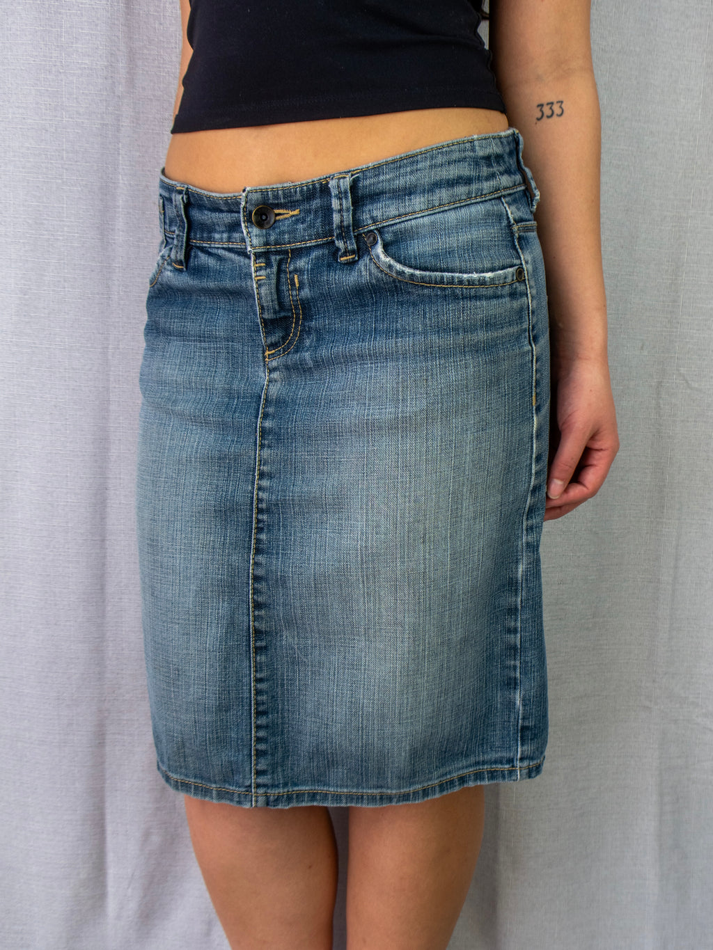 00s Esprit Faded Denim Midi Skirt Blue - Size S