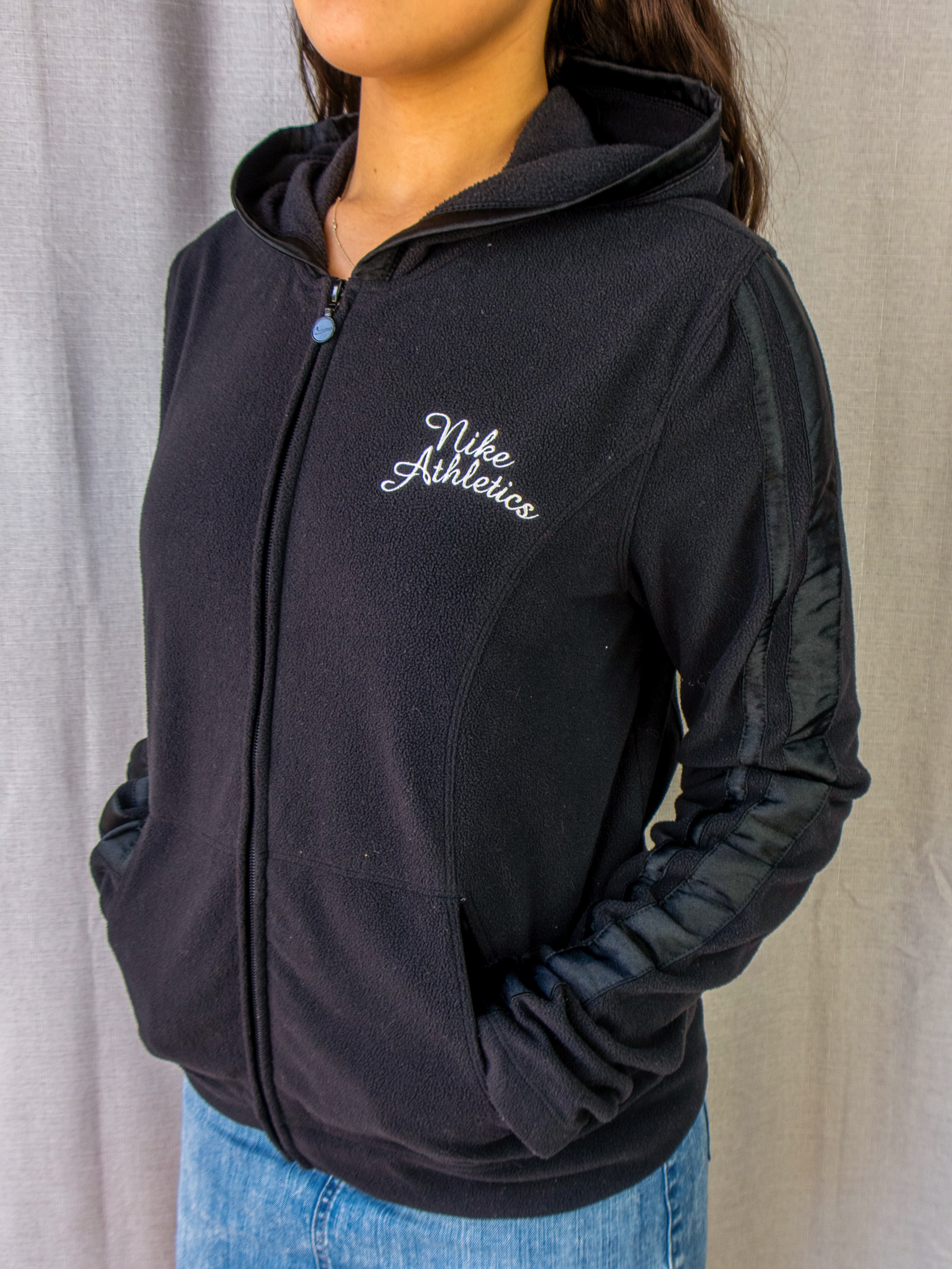 00s Nike Athletics Fitted Fleece Zip Hoodie Black - Size S/M