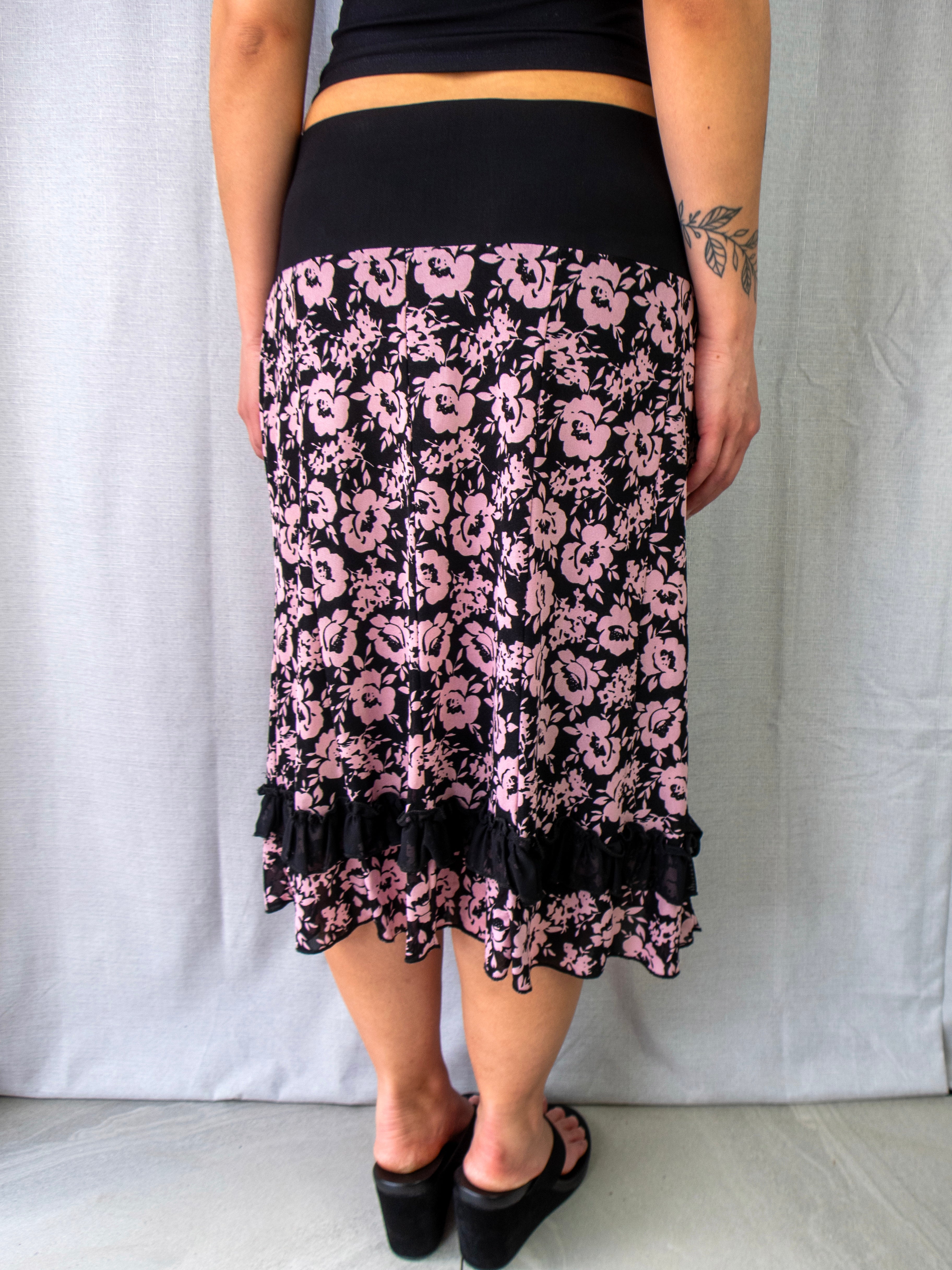 00s ALXIN Pink Floral Ruffle Midi Skirt Black - Size M/L