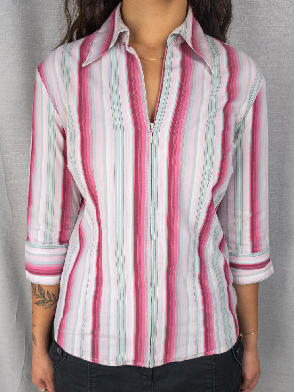 Y2K Miller’s Striped Zip Blouse - Pastel Pink - Size 10