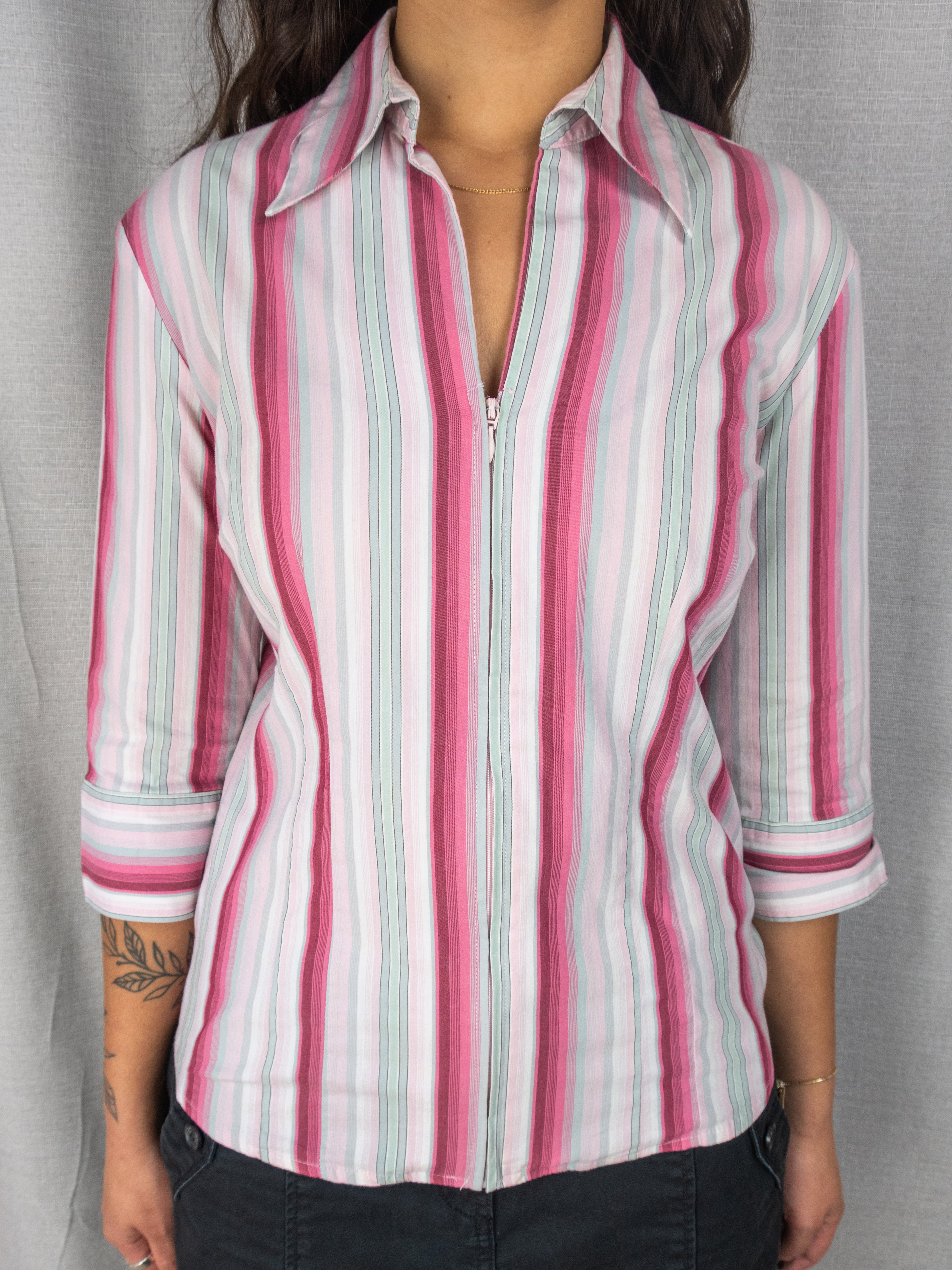 Y2K Miller’s Striped Zip Blouse - Pastel Pink - Size 10