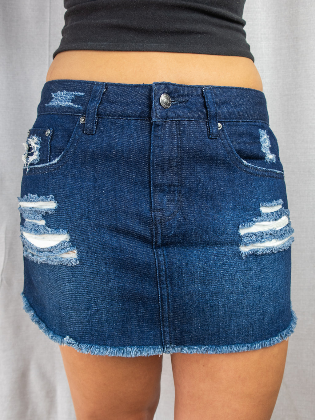 Y2K Rip Curl Denim Mini Skirt - Distressed Raw Hem - Size 10