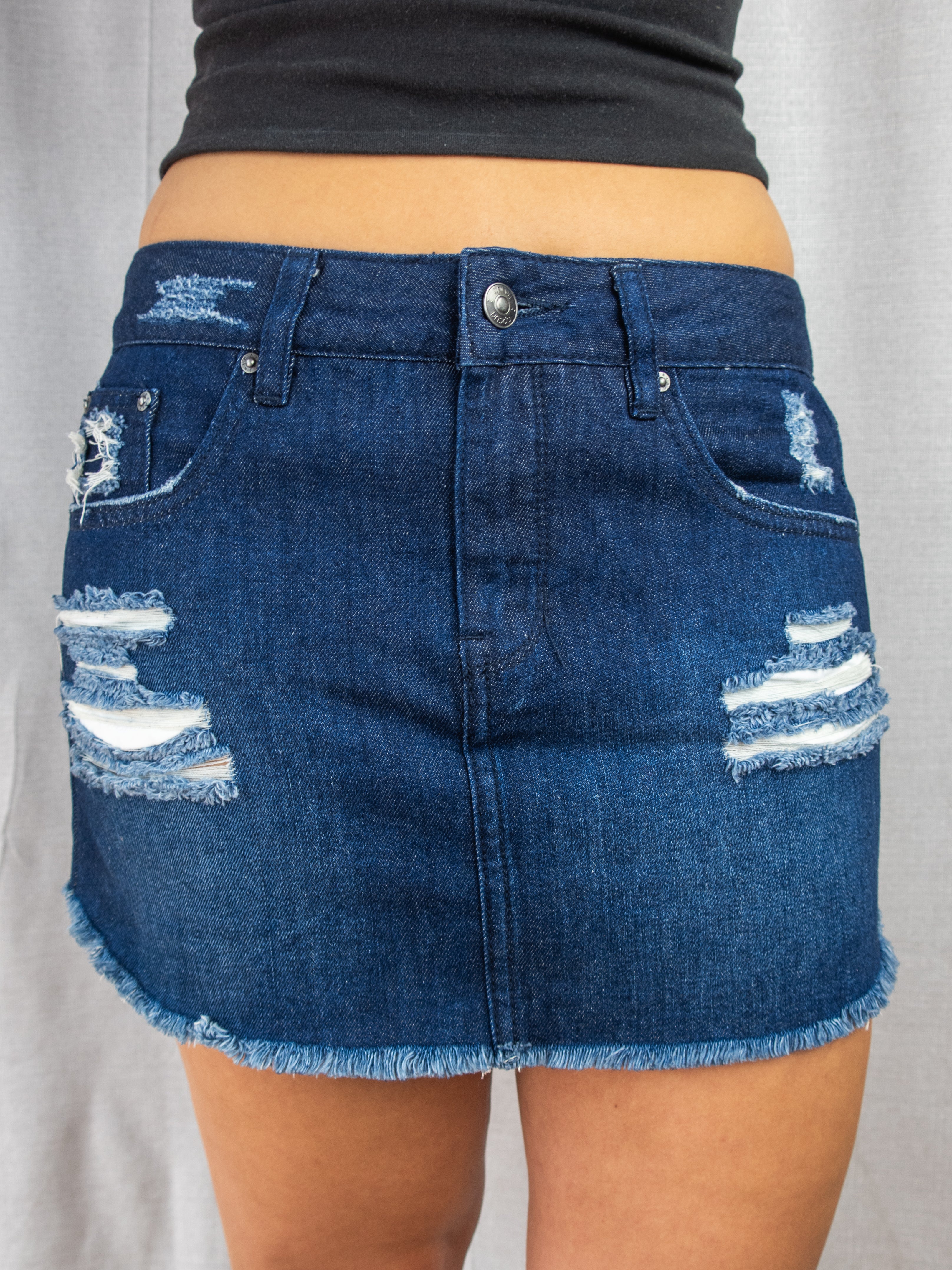 Y2K Rip Curl Denim Mini Skirt - Distressed Raw Hem - Size 10