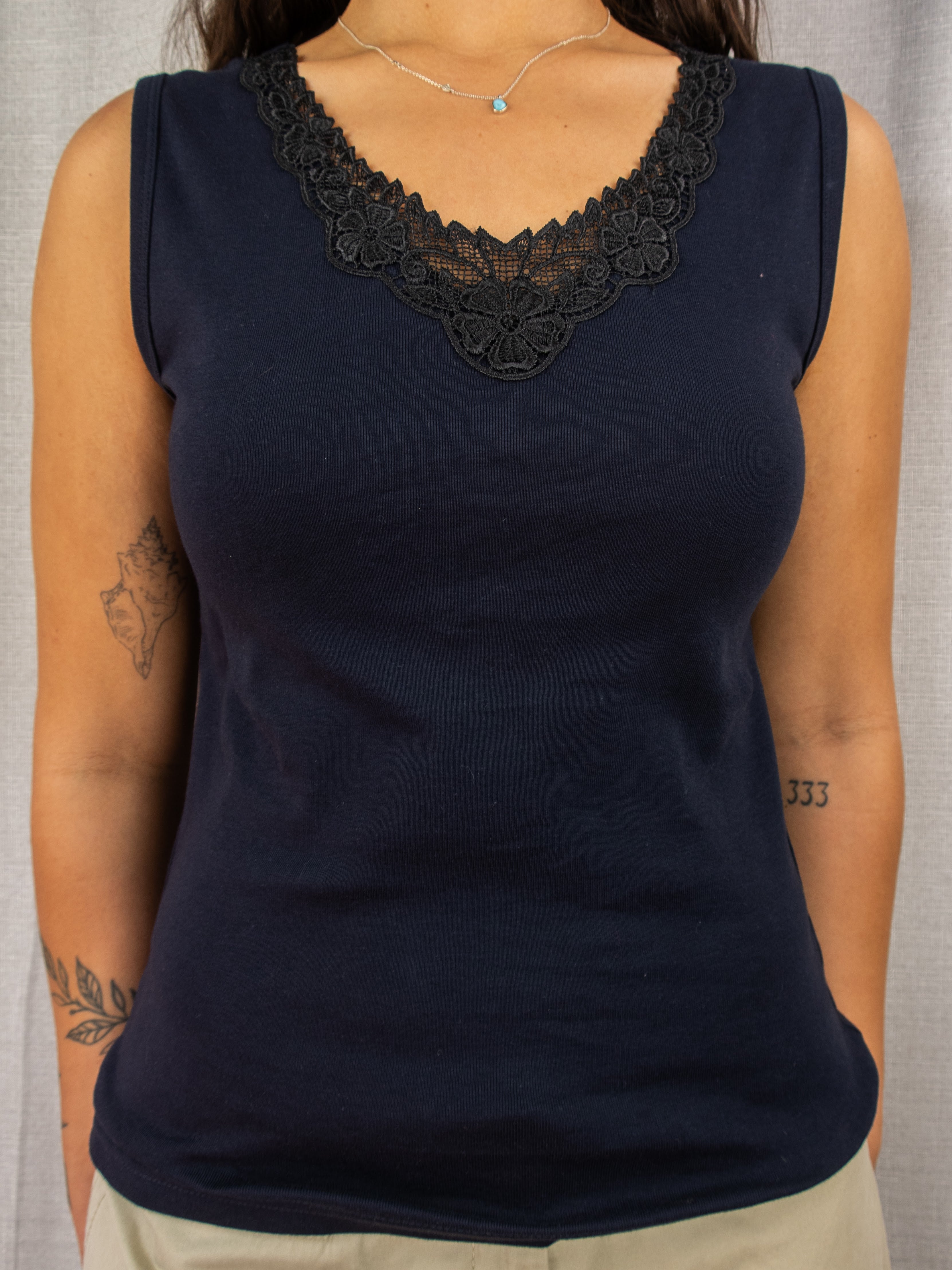 Y2K Sunflower Lace Trim Tank - Black Cotton - Size 12