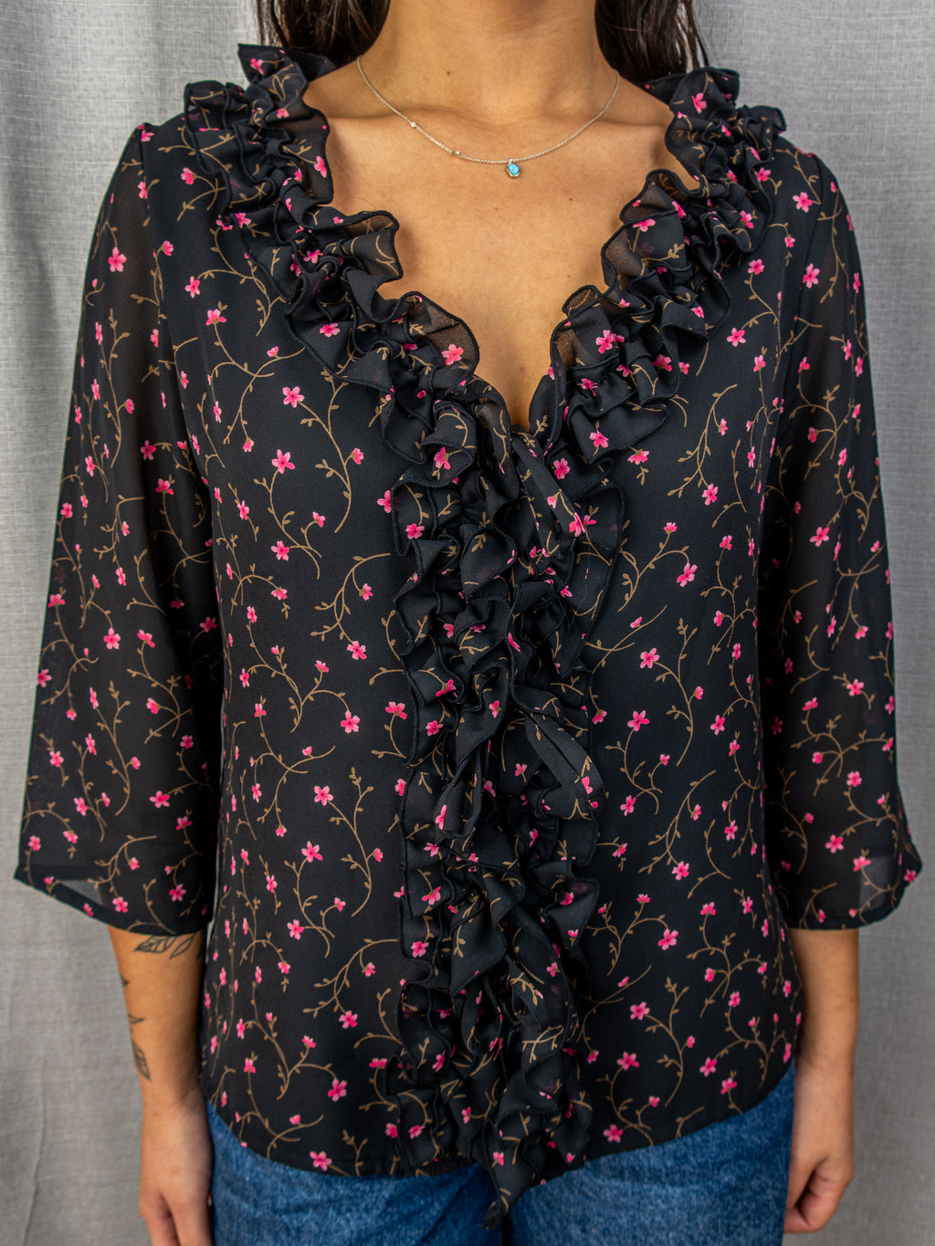 Y2K Liz Jordan Floral Ruffle Blouse - Black - Size 8