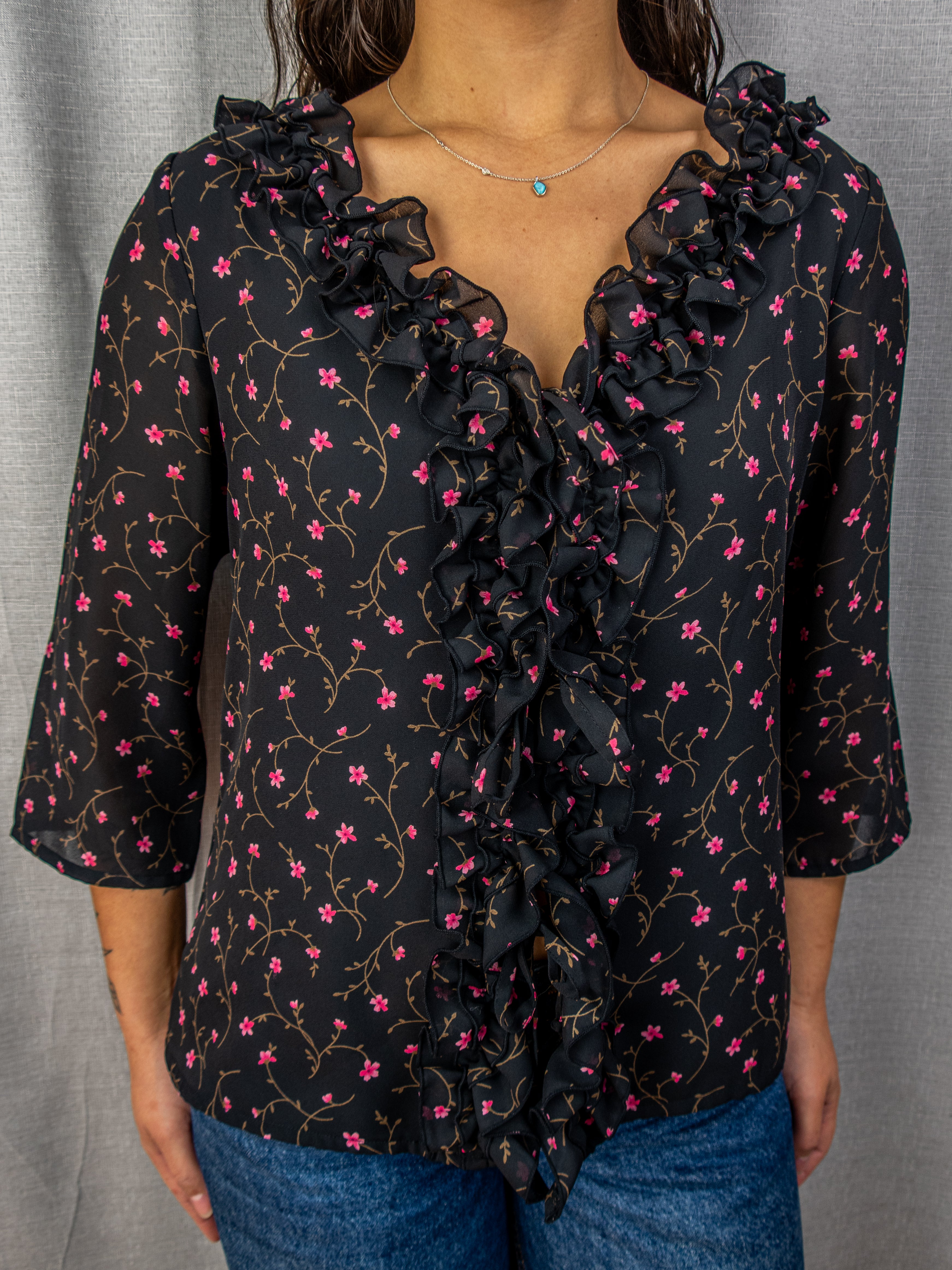 Y2K Liz Jordan Floral Ruffle Blouse - Black - Size 8