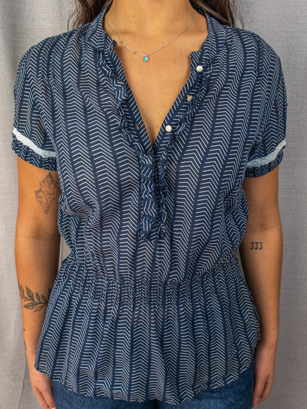 Y2K Guess Jeans Patterned Peplum Top - Navy/White - Size M