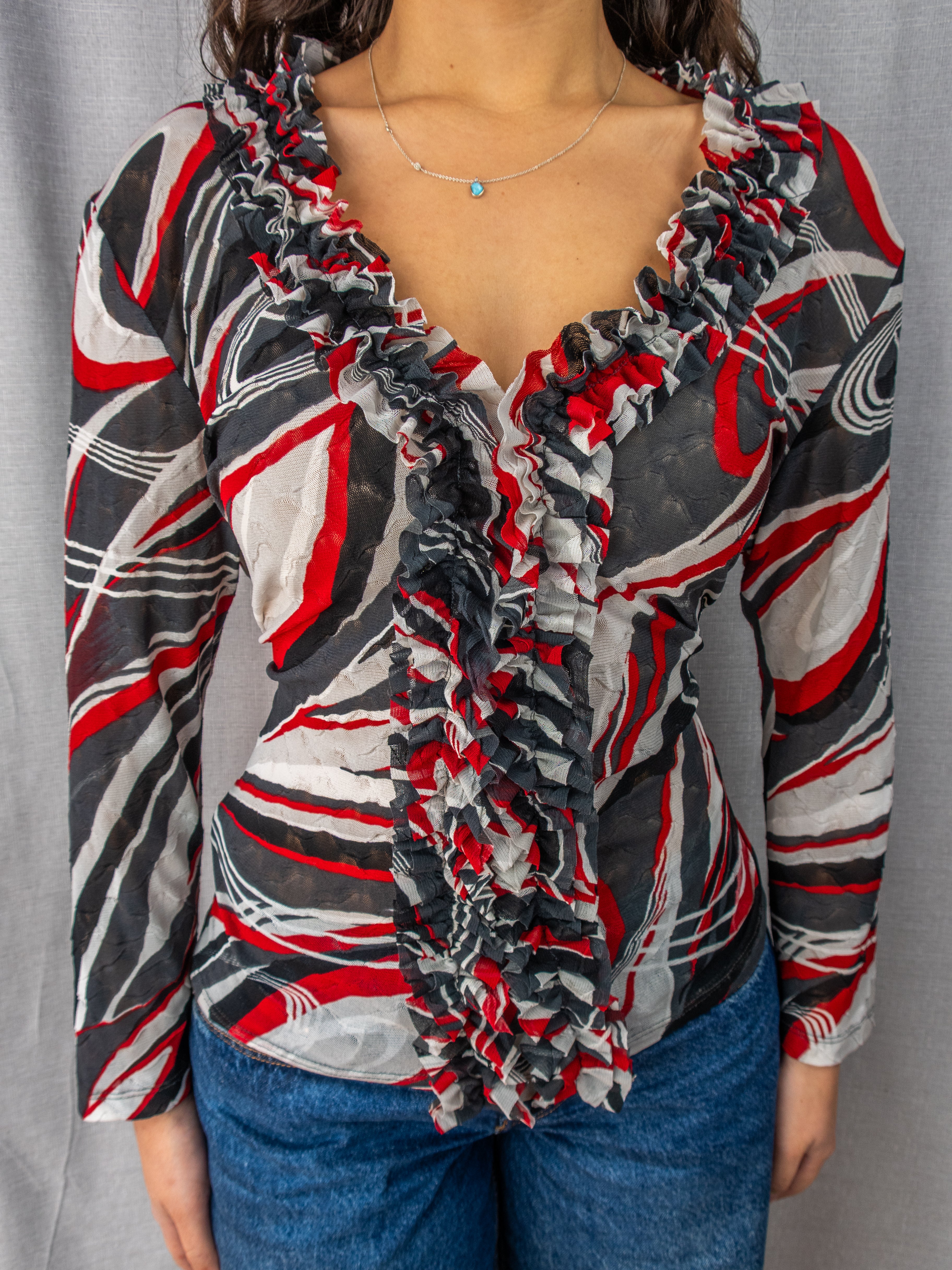 Y2K Simona Mesh Top - Abstract Print Ruffle - Size 12