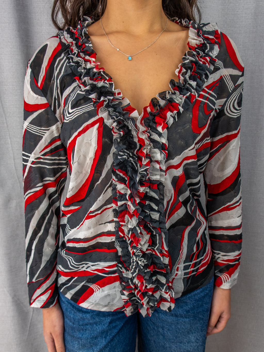 Y2K Simona Mesh Top - Abstract Print Ruffle - Size 12
