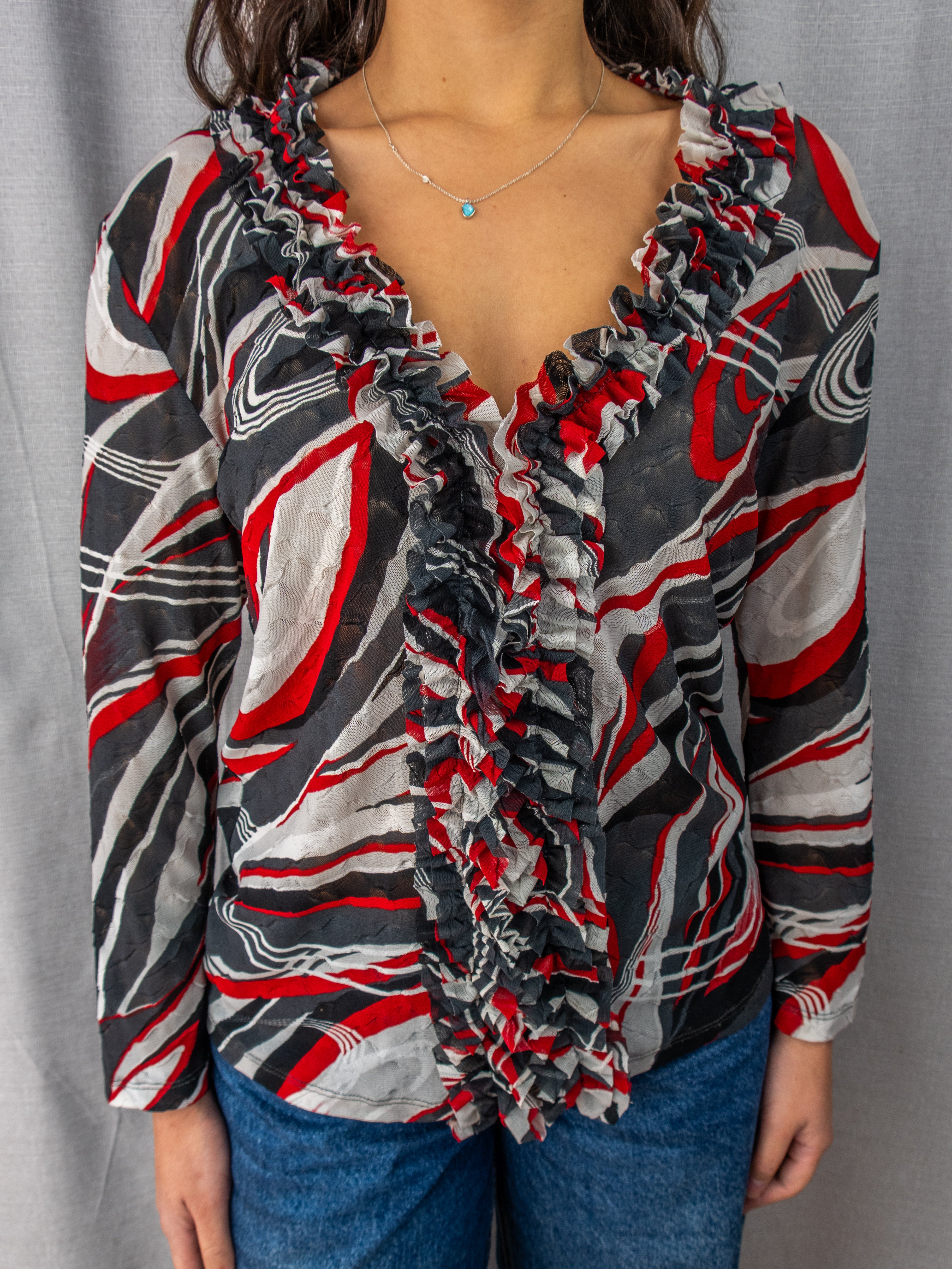 Y2K Simona Mesh Top - Abstract Print Ruffle - Size 12