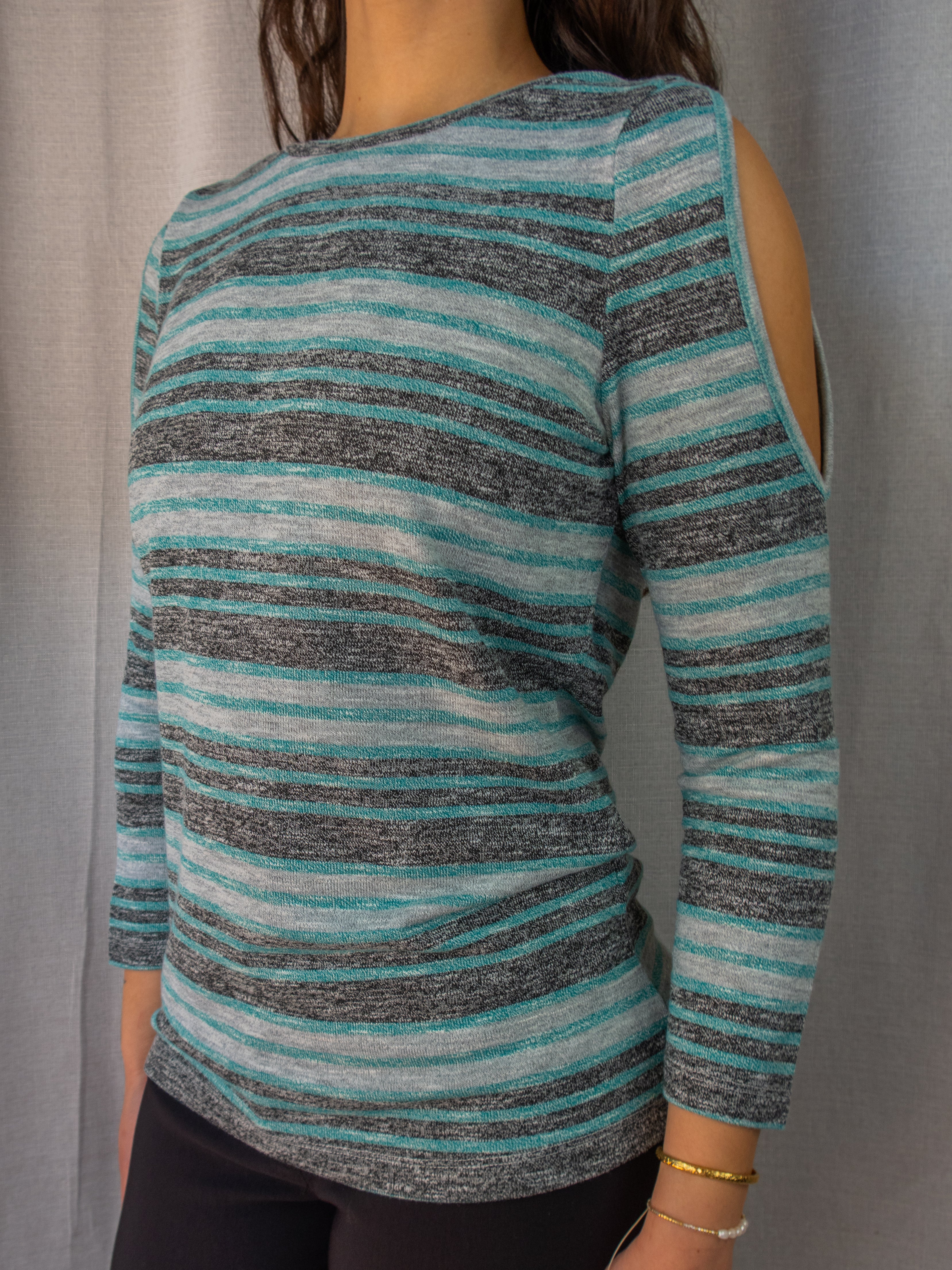 Y2K Together Striped Cut-Out Top - Blue/Grey - Size 8