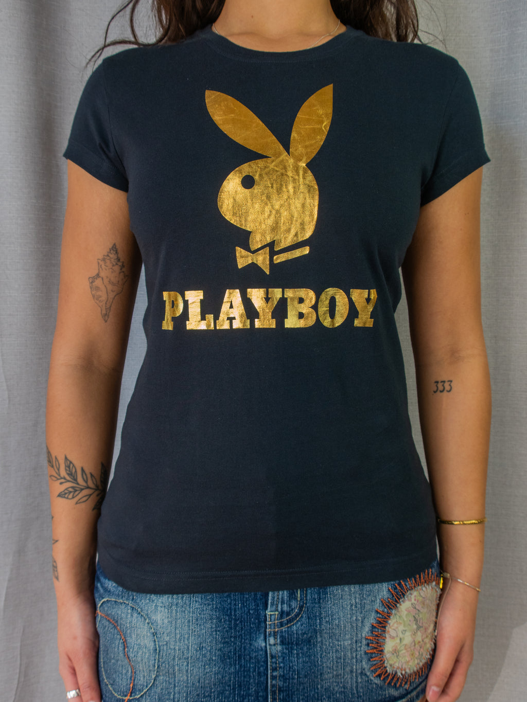 Y2K Playboy Baby Tee - Gold Logo Black - Size 8
