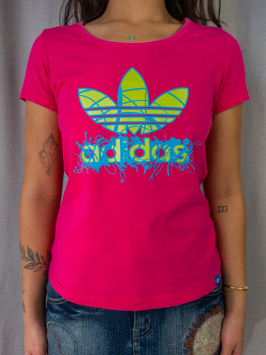 Adidas Fitted Tee - Neon Pink Logo Print - Size S
