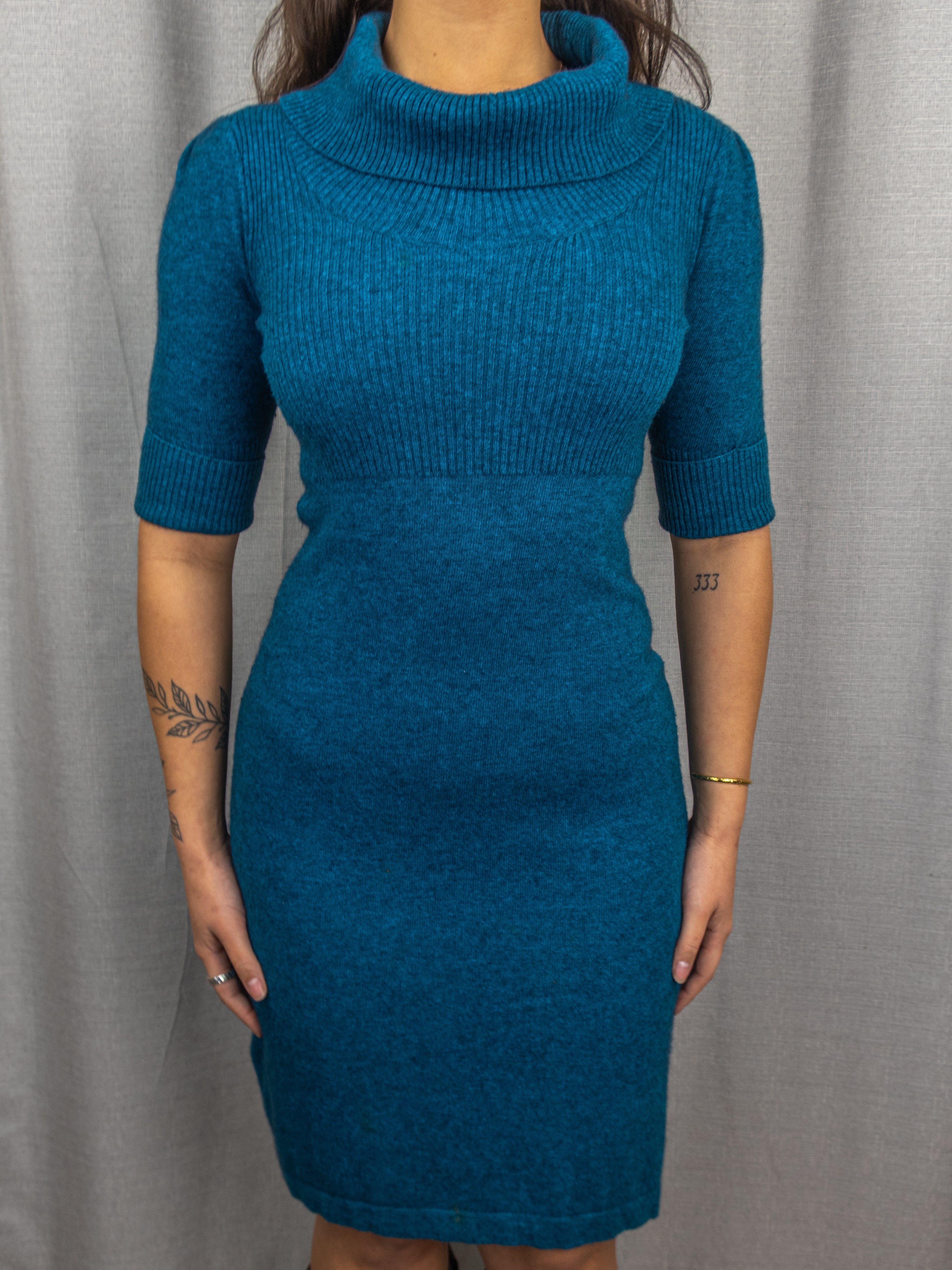 Y2K Esprit Knit Dress - Cowl Neck Teal - Size XS
