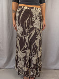 Y2K Floral Maxi Skirt - Brown Beige Print - Size L