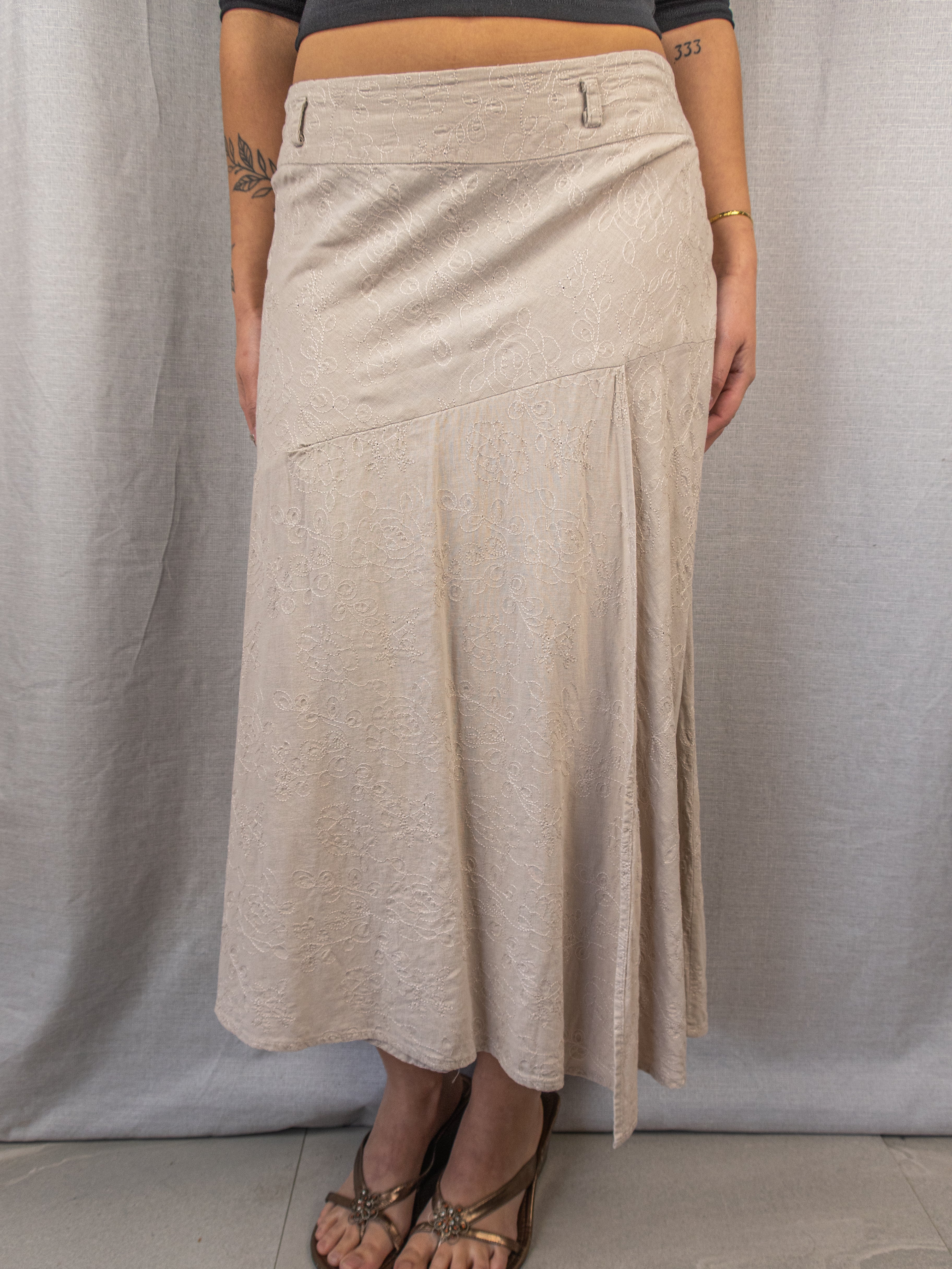 Vintage Embroidered Floral Midi Skirt - Beige - Size 16