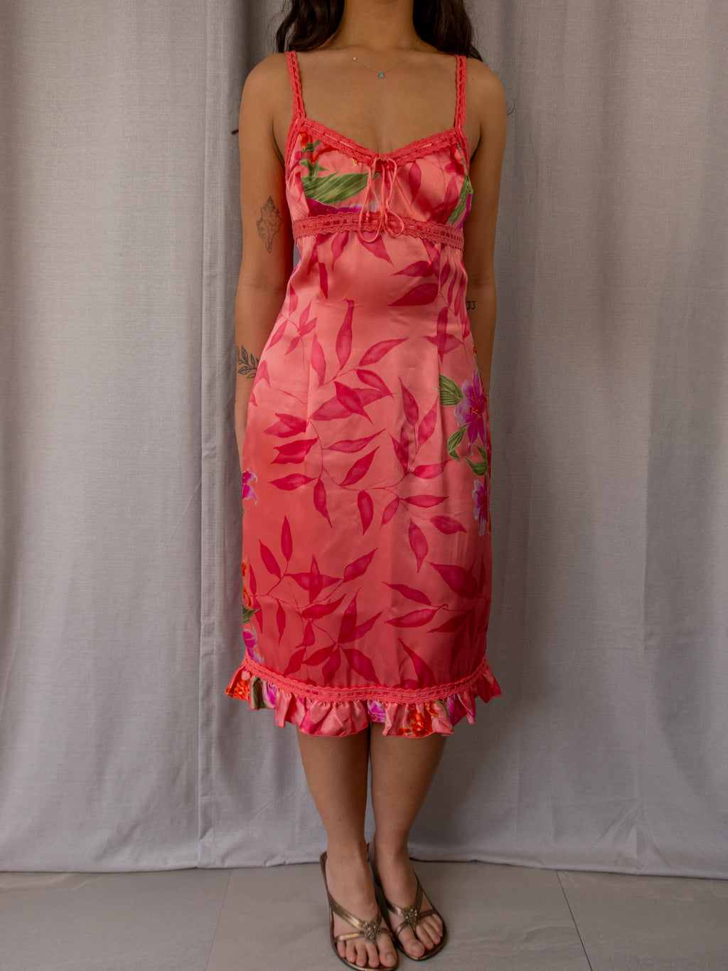 Y2K Events Slip Dress - Floral Satin Lace Trim - Size 12
