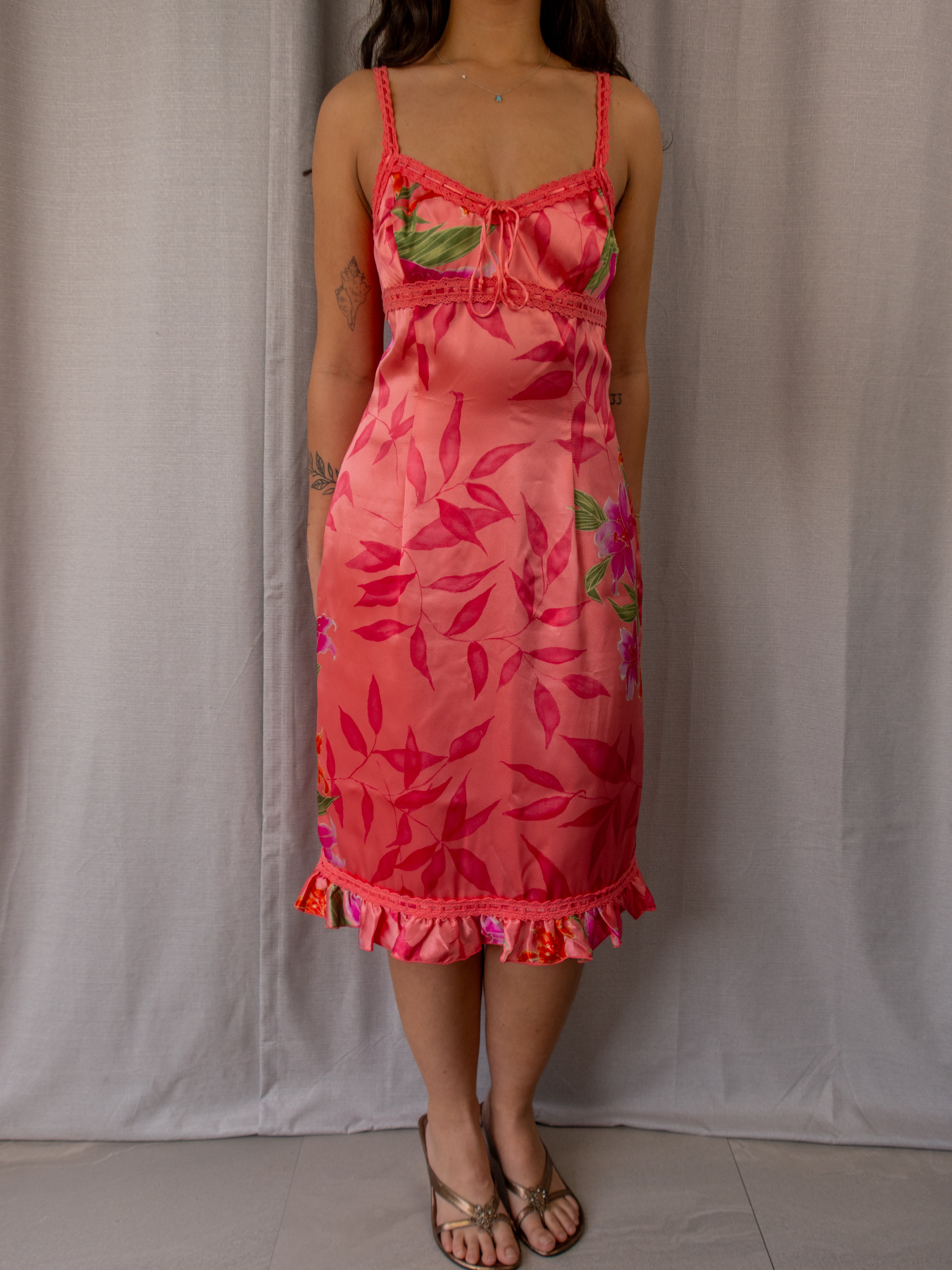 Y2K Events Slip Dress - Floral Satin Lace Trim - Size 12