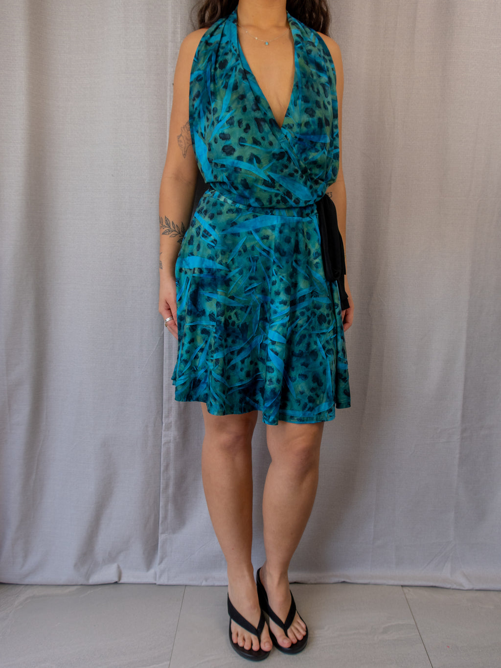Vintage Powerhouse Halter Midi Dress - Blue Abstract Print - Size 10