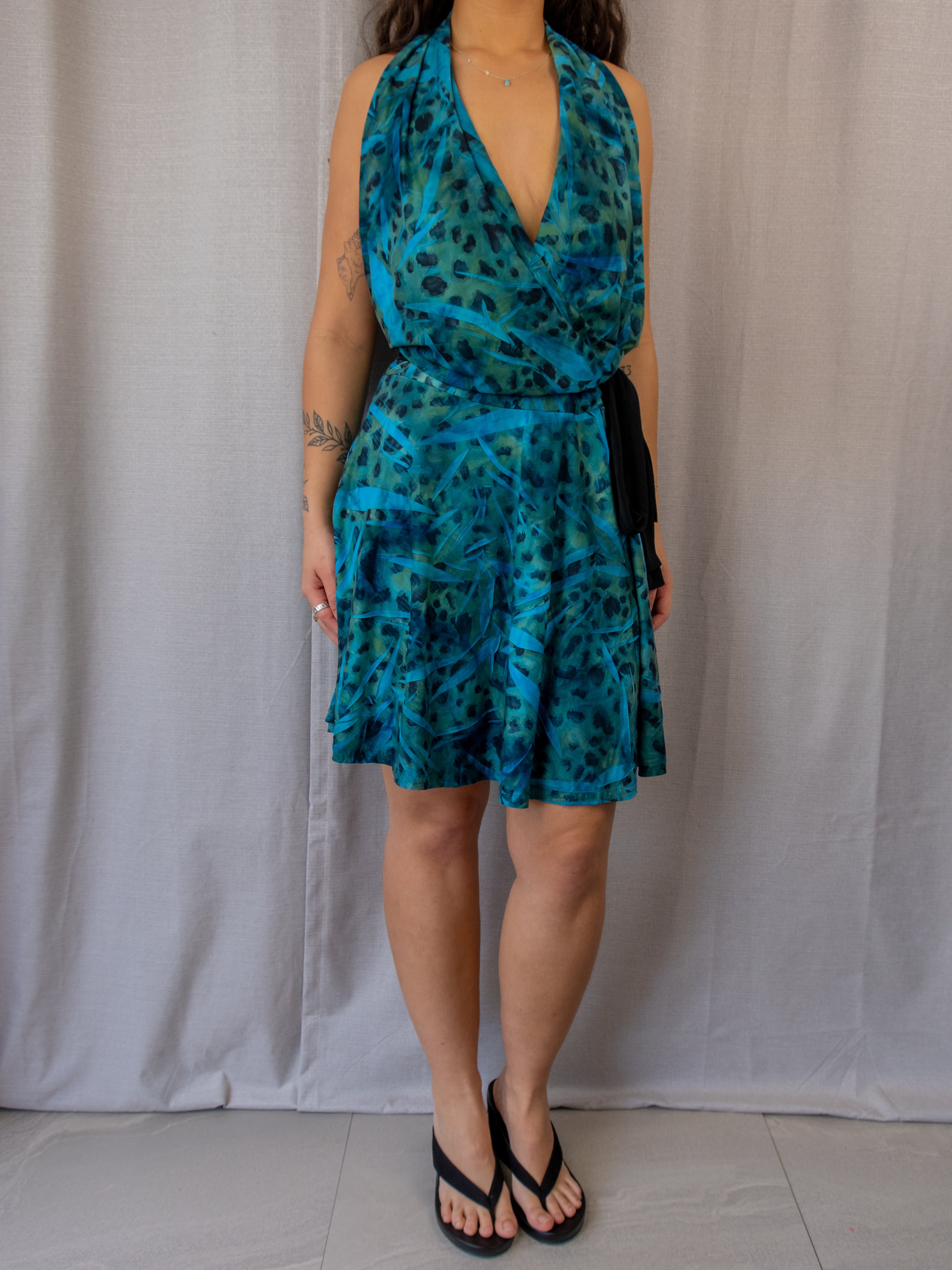 Vintage Powerhouse Halter Midi Dress - Blue Abstract Print - Size 10