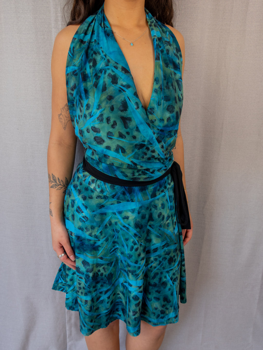 Vintage Powerhouse Halter Midi Dress - Blue Abstract Print - Size 10