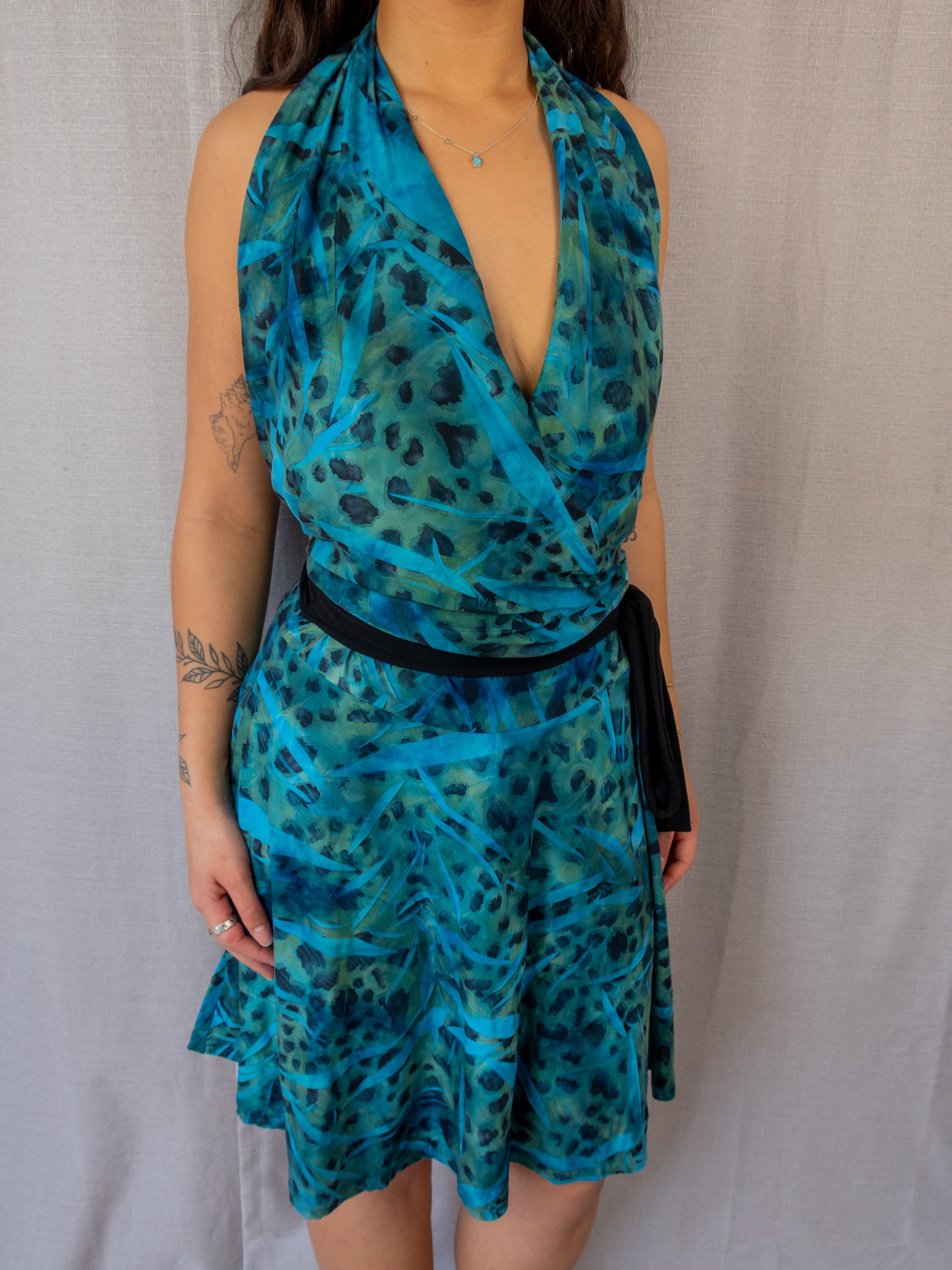 Vintage Powerhouse Halter Midi Dress - Blue Abstract Print - Size 10