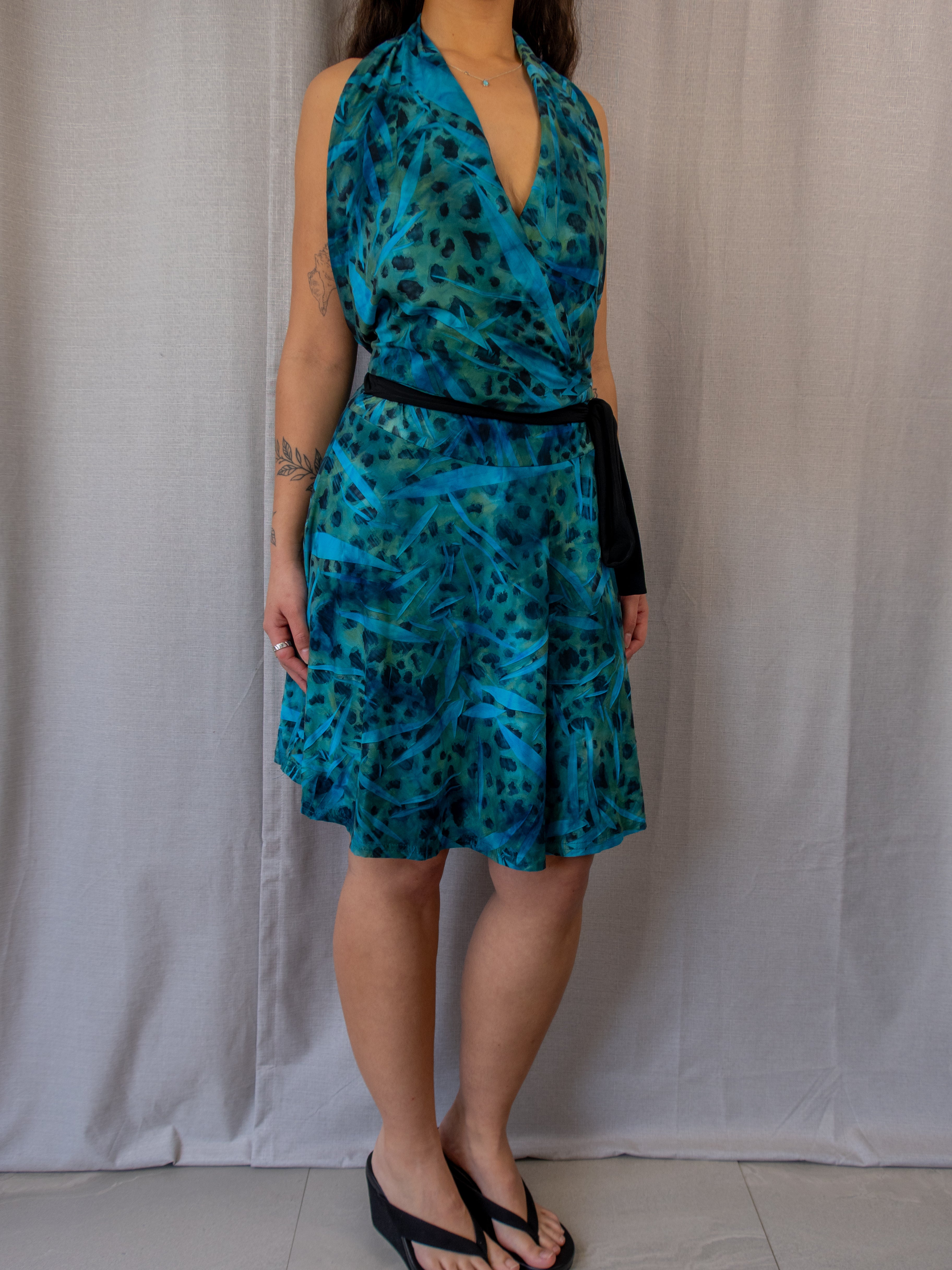 Vintage Powerhouse Halter Midi Dress - Blue Abstract Print - Size 10