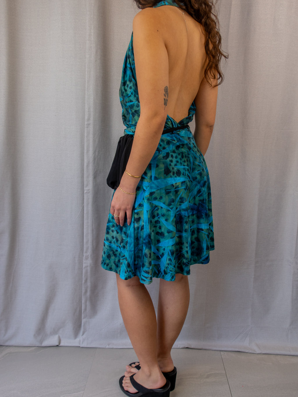 Vintage Powerhouse Halter Midi Dress - Blue Abstract Print - Size 10