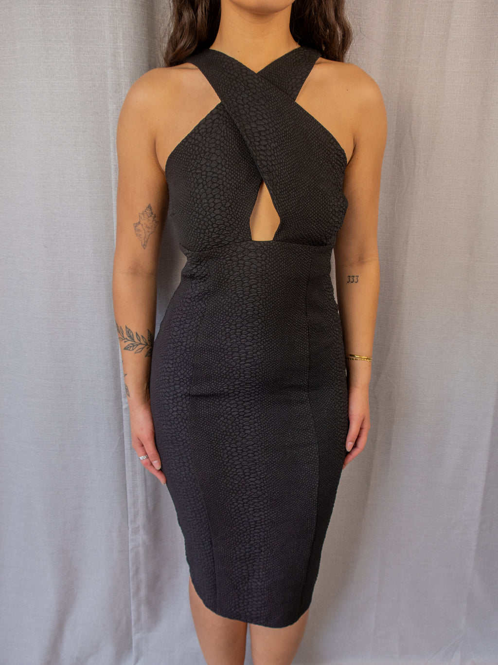 Kardashian Kollection Midi Dress - Black Textured Bodycon - Size 8