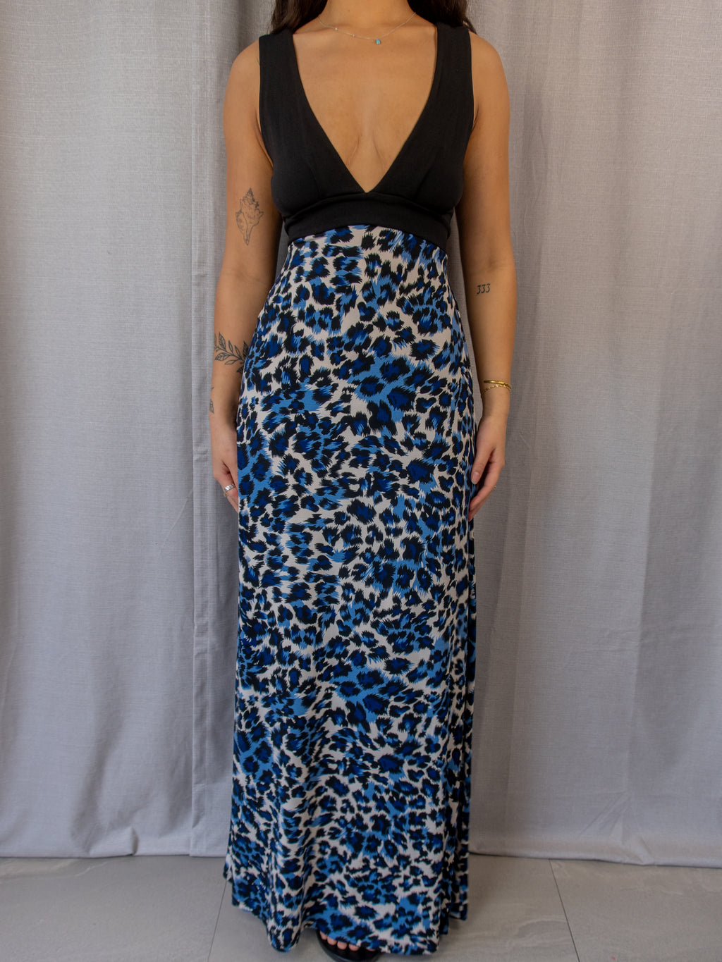 Y2K Crossroads Maxi Dress - Blue Leopard Print - Size S