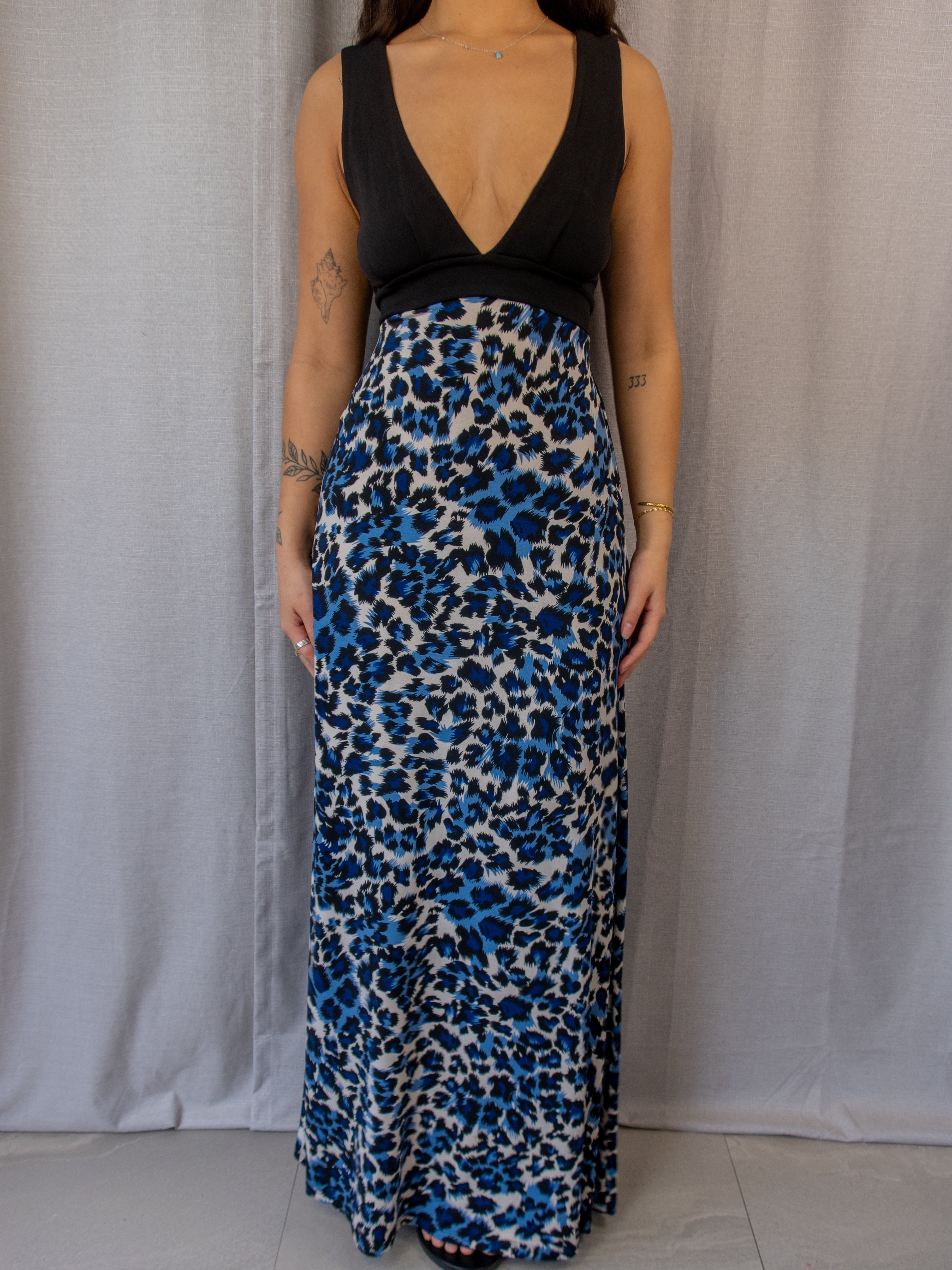 Y2K Crossroads Maxi Dress - Blue Leopard Print - Size S